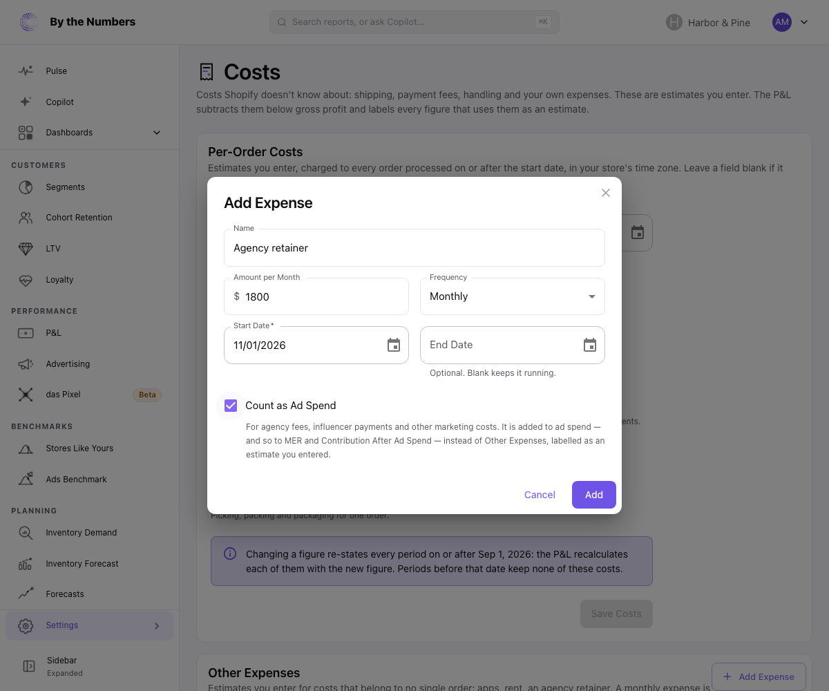 The Add Expense dialog for a monthly agency fee with Count as Ad Spend checked