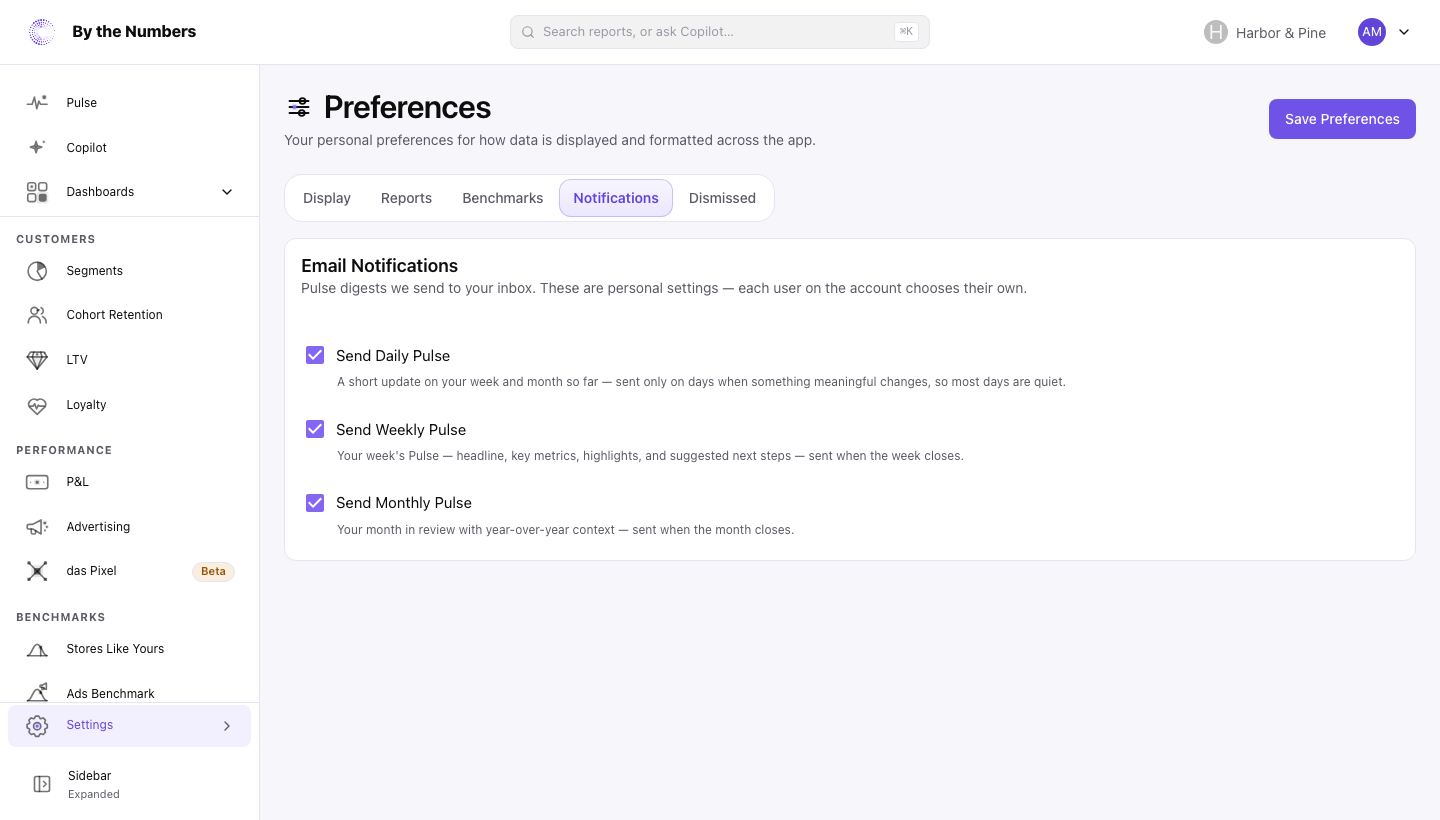 The Notifications tab of Preferences, with the Email Notifications card and its three checkboxes: Send Daily Pulse, Send Weekly Pulse and Send Monthly Pulse