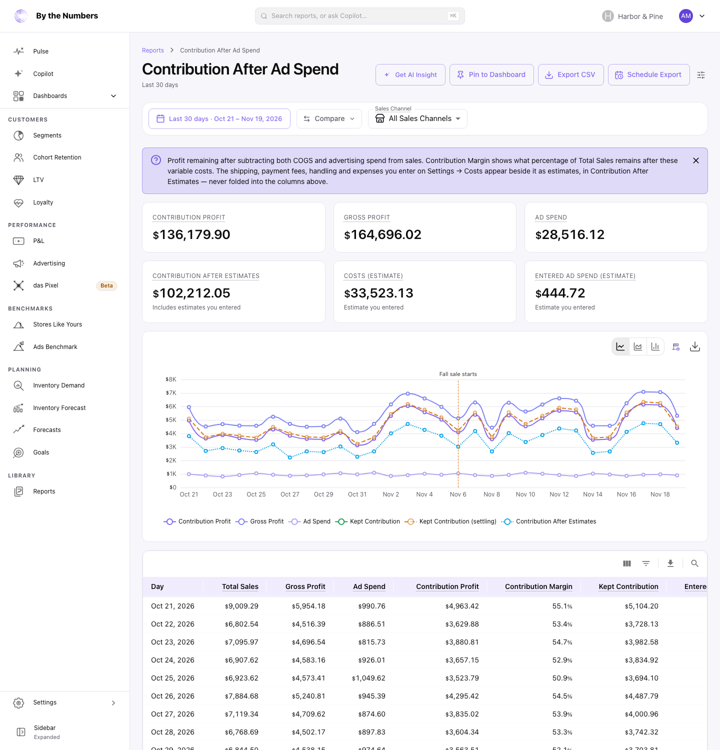 The Contribution After Ad Spend report, with summary cards, a chart of contribution profit, gross profit and ad spend, and a table with one row per day