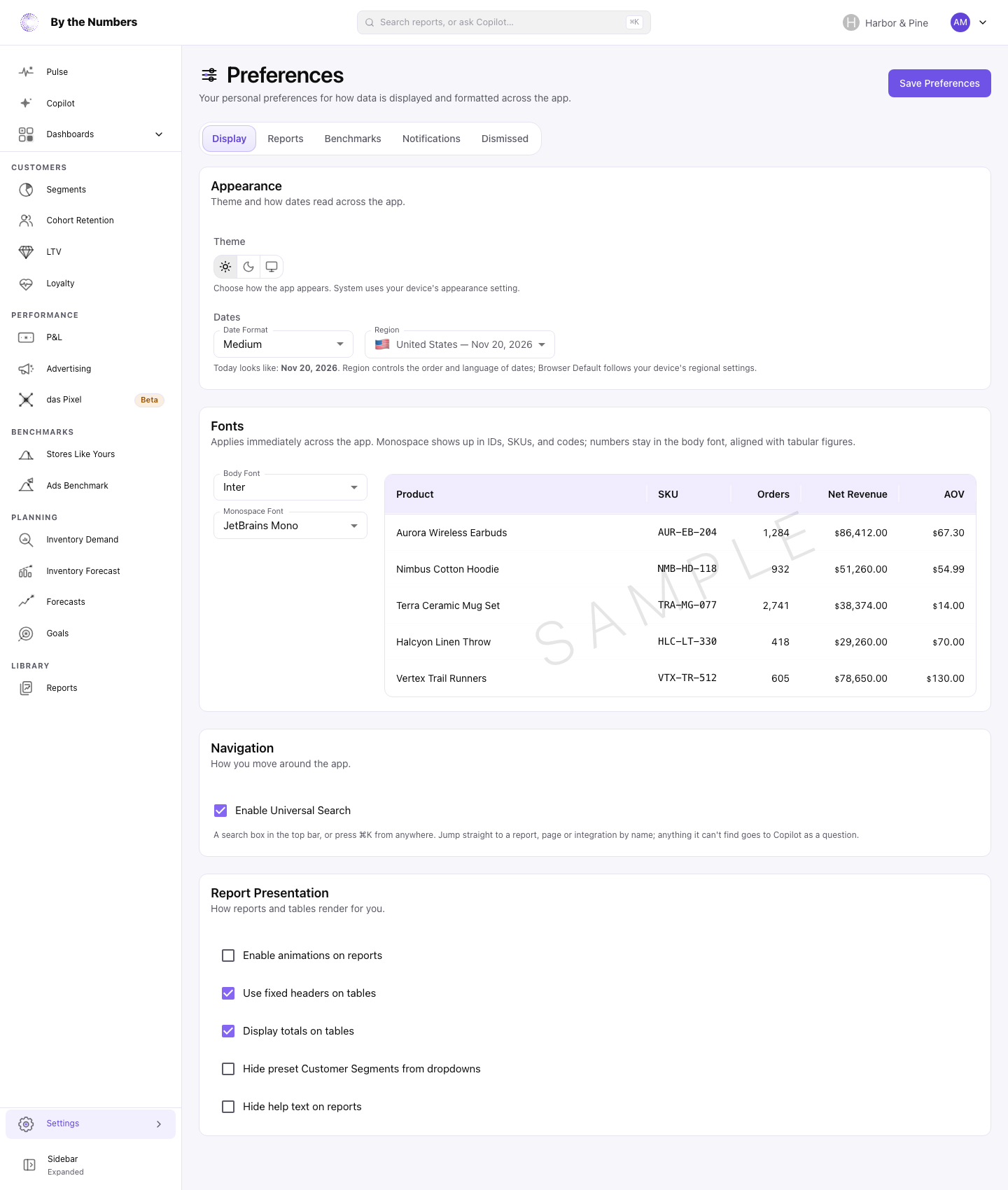 The Preferences page on the Display tab, with the Appearance, Fonts, Navigation and Report Presentation cards
