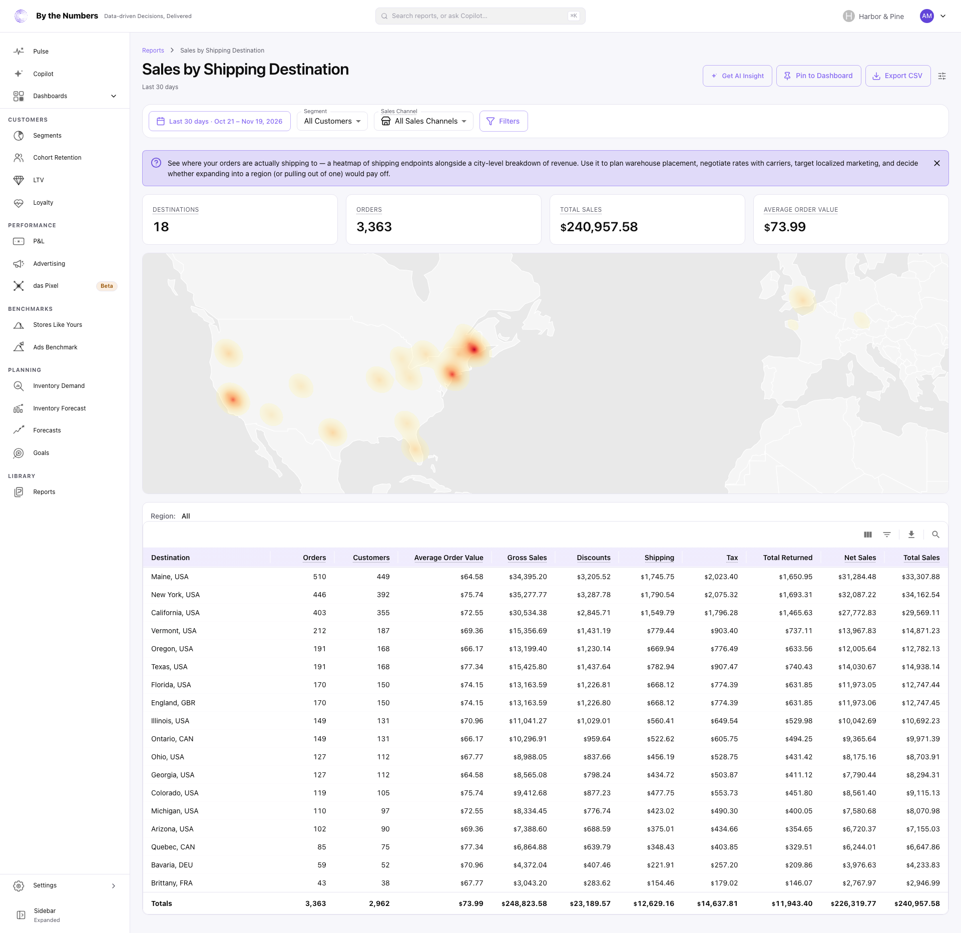 The Sales by Shipping Destination report, with summary cards, a map of order locations and a table with one row for each destination