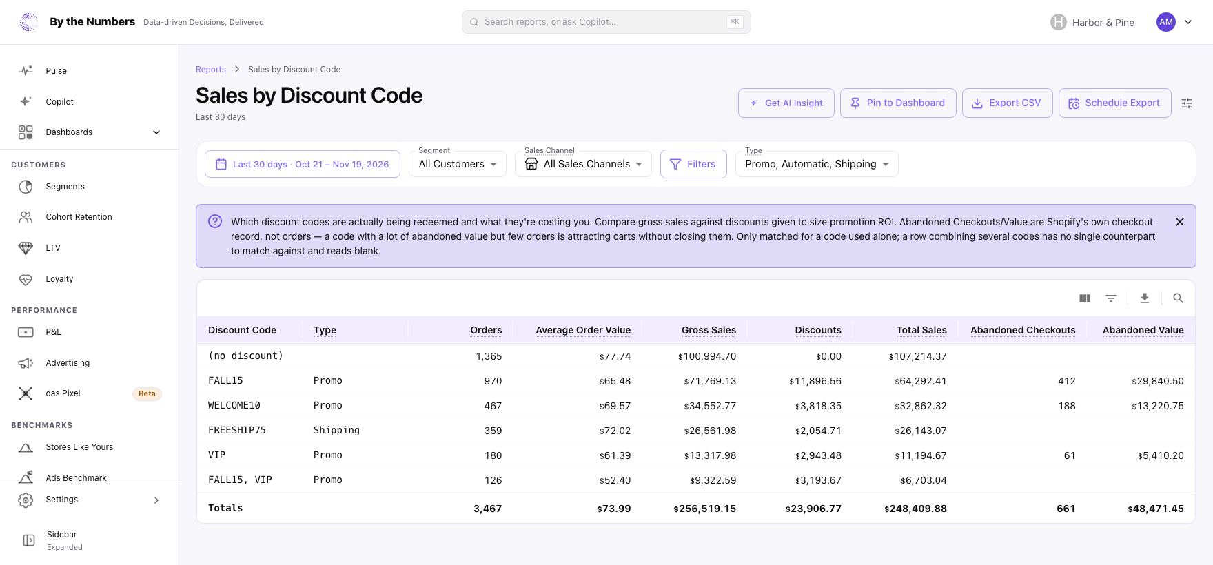 The Sales by Discount Code report, with a table with one row for each discount code and a Type filter