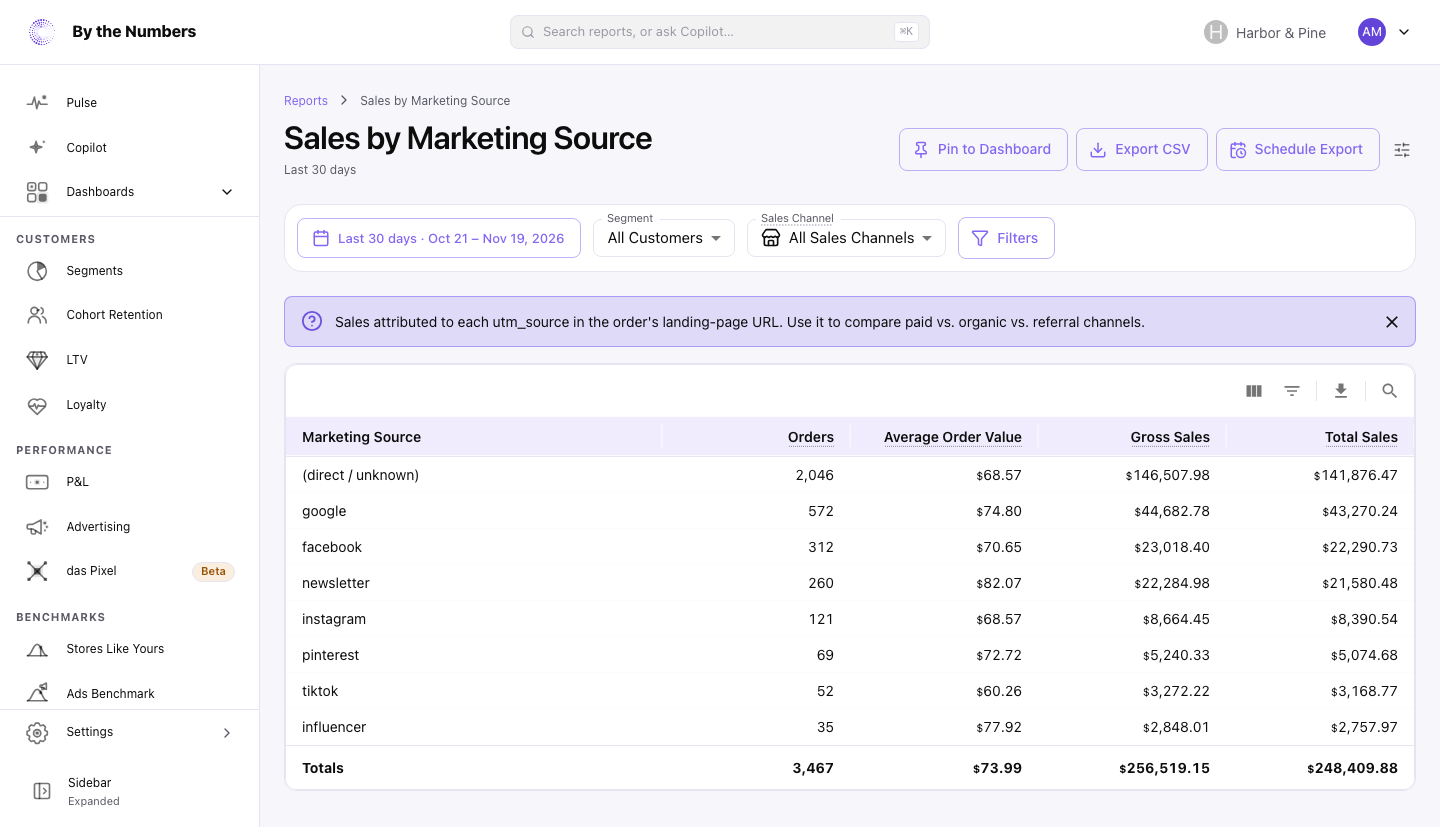 The Sales by Marketing Source report, a table with one row for each source