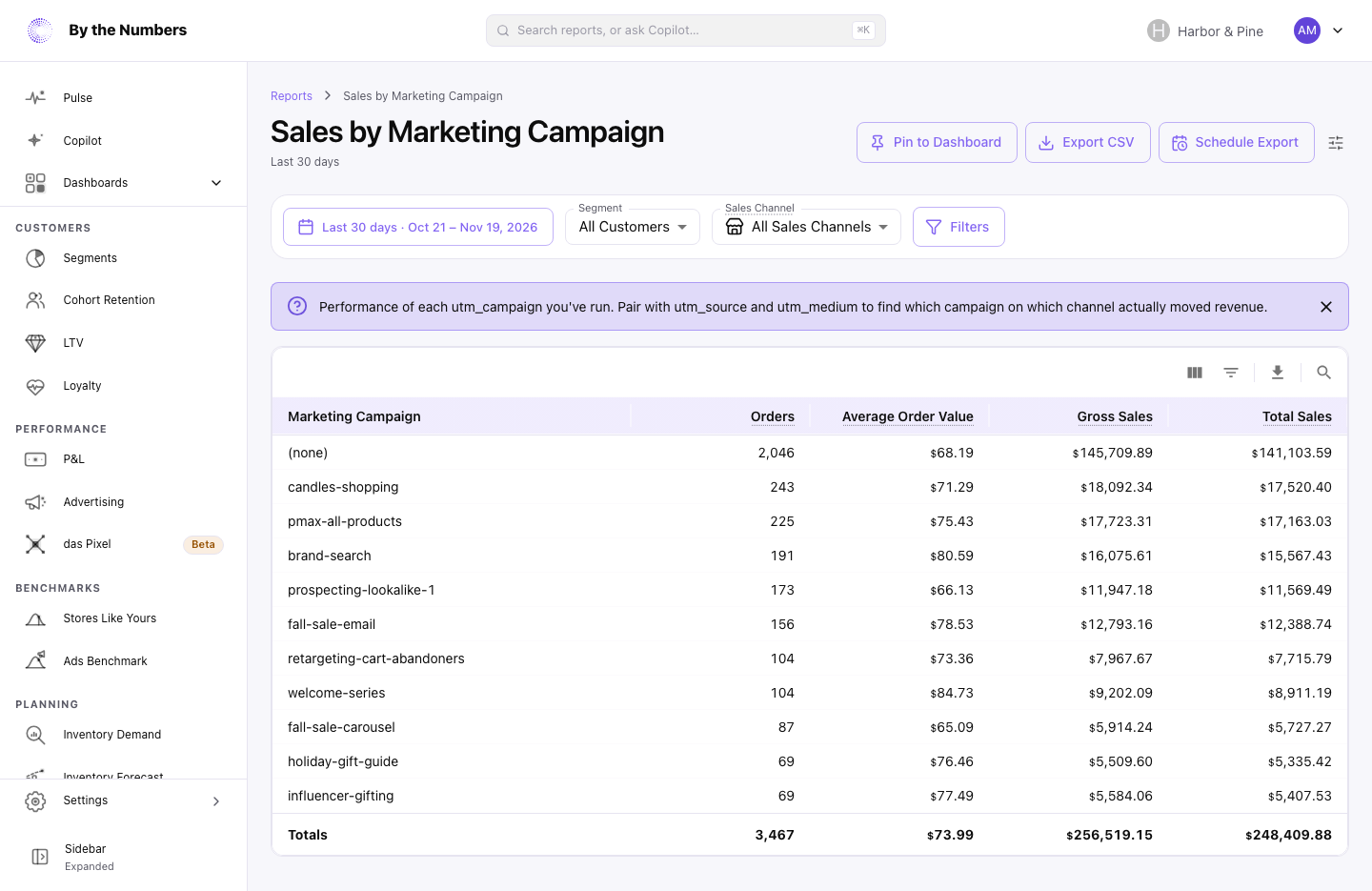 The Sales by Marketing Campaign report, a table with one row for each campaign