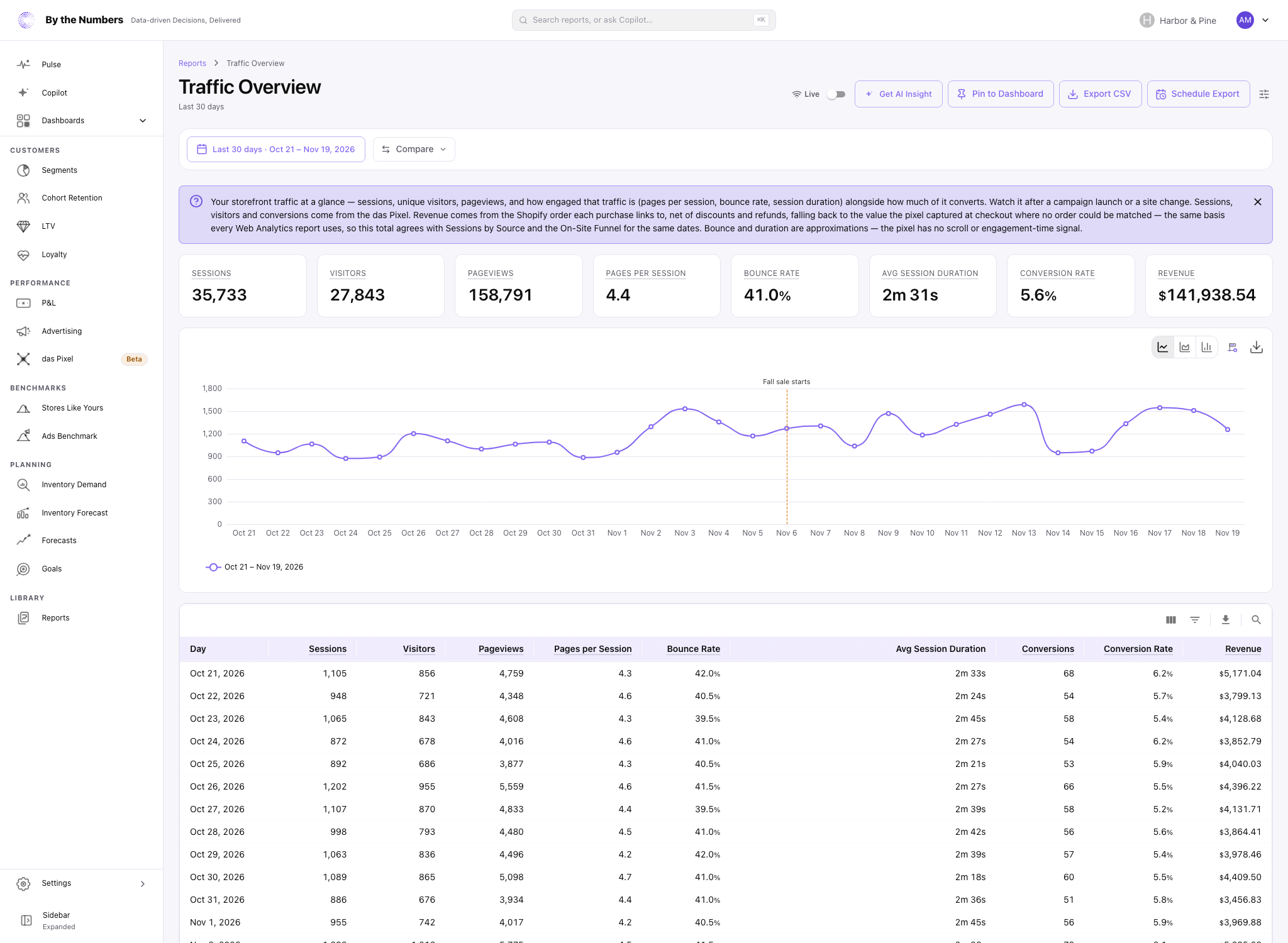 The Traffic Overview report, with eight summary cards, a sessions chart and a table with one row per day.