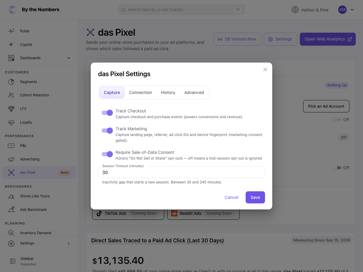 The das Pixel Settings dialog, with the Capture and Advanced tabs above Track Checkout, Track Marketing and Require Sale-of-Data Consent switched on and a Session Timeout of 30 minutes.