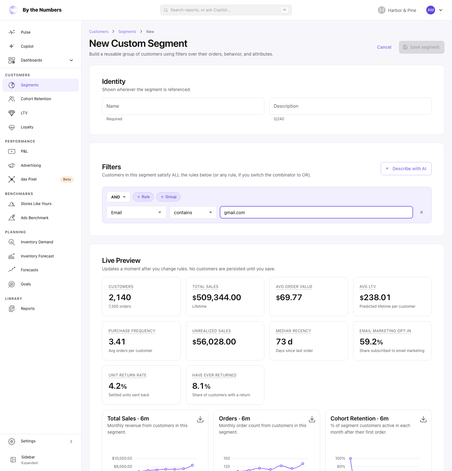 A segment rule on the Email field using the contains comparison with the text gmail.com, and the live preview below it.