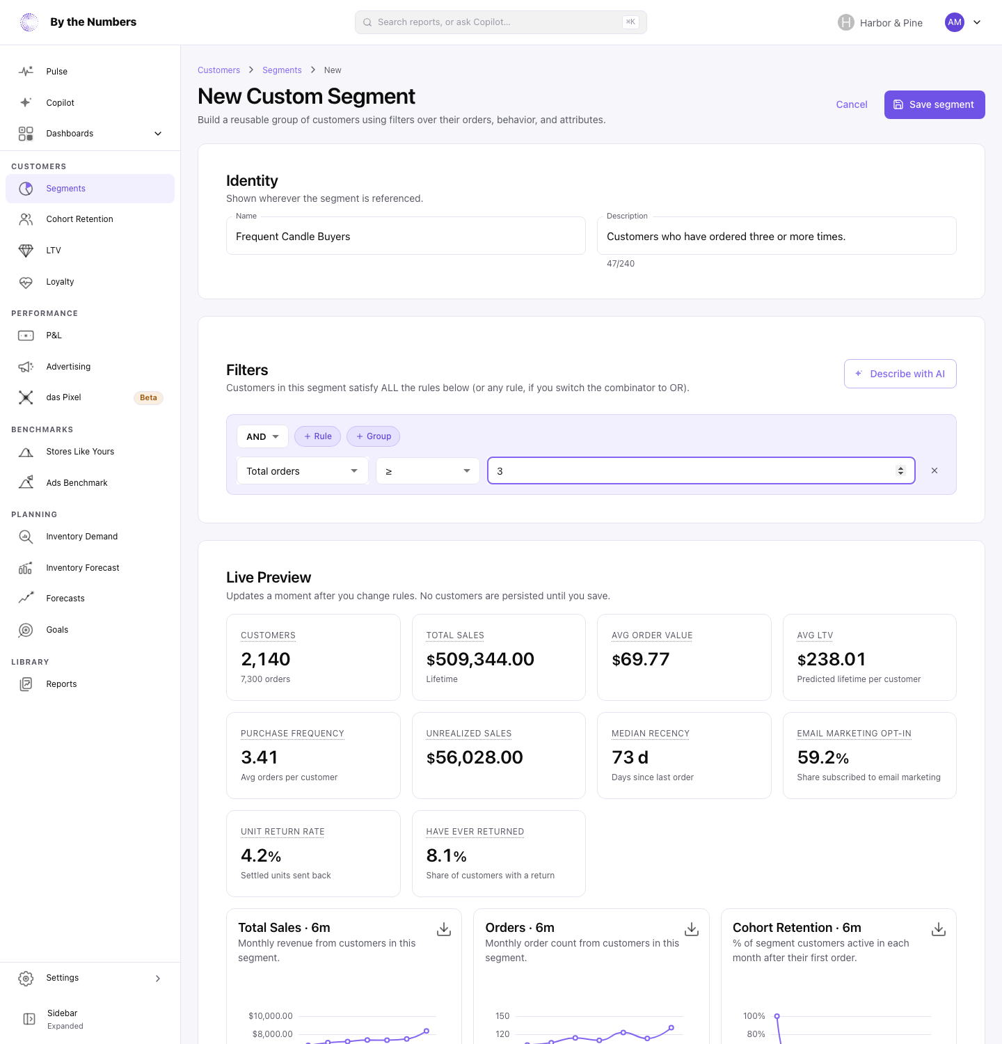 The segment editor with a name, a description and one rule (Total orders ≥ 3), and the live preview below it showing 2,140 customers and their sales, lifetime value and retention.