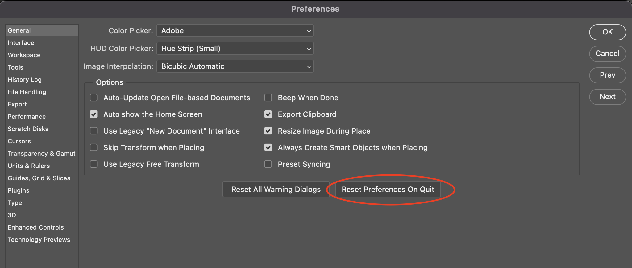 Preferences in Photoshop with the Reset Preferences On Quit button circled