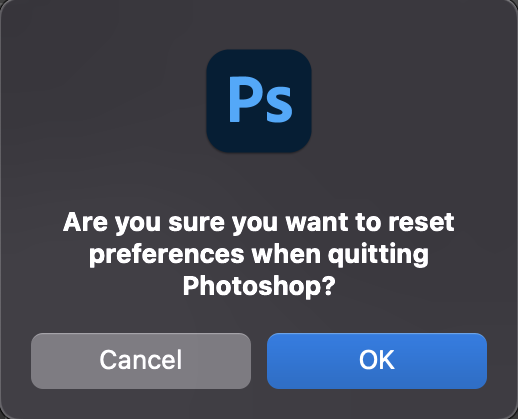 Reset Photoshop preferences confirmation window for Photoshop CC