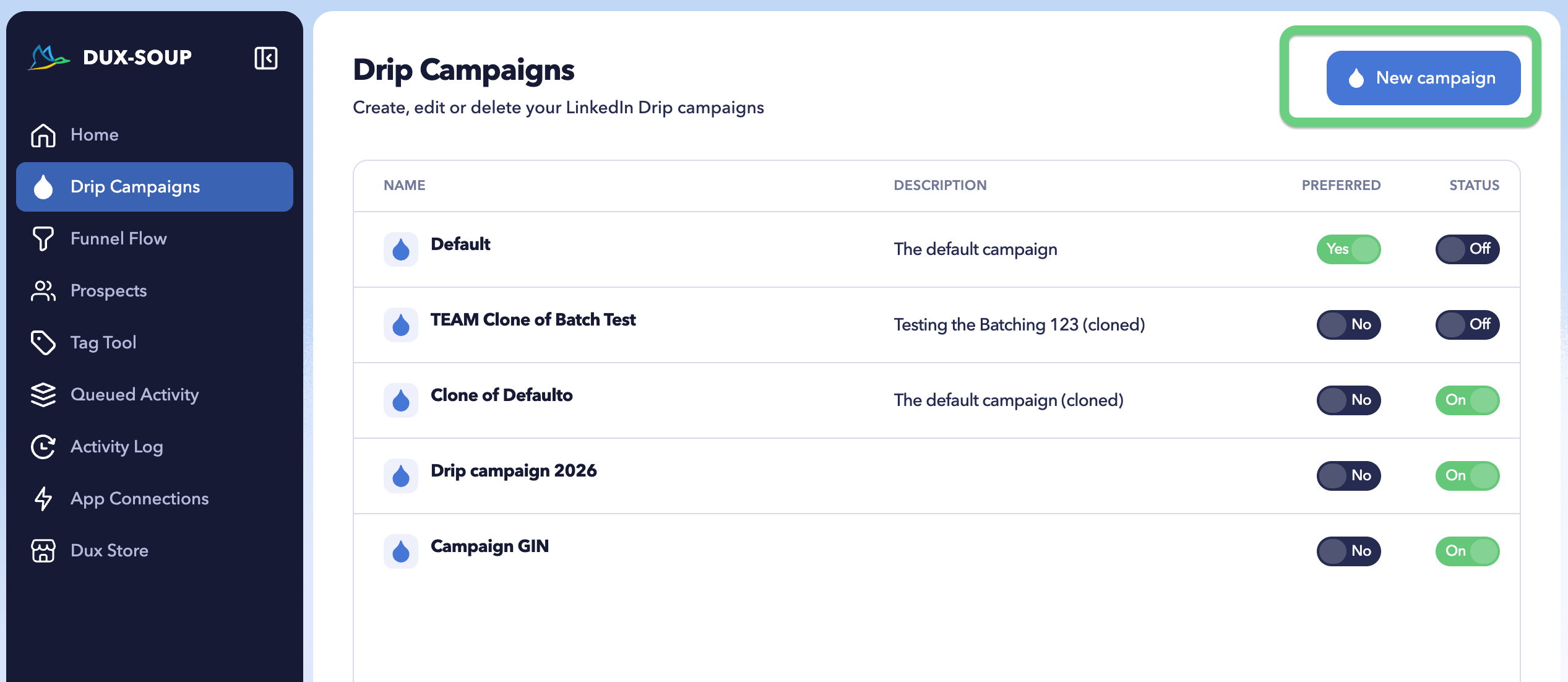 Setting up drip campaigns. Click New Campaign button.