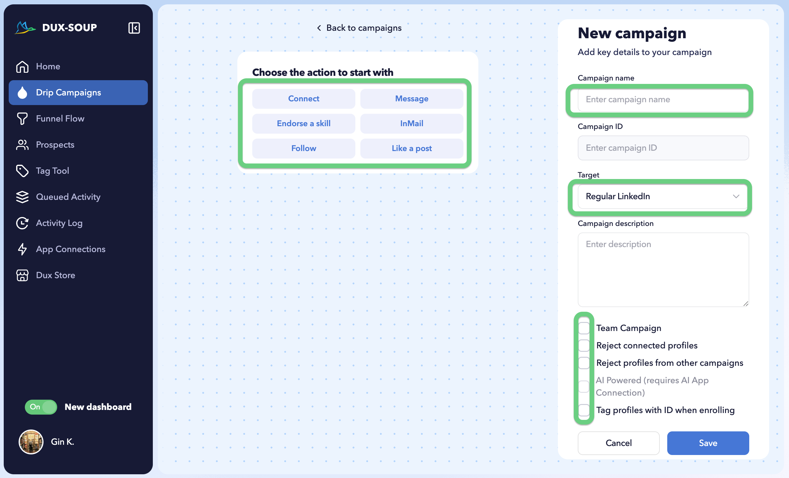 creating new campaign. Name, Target, Additional settings.