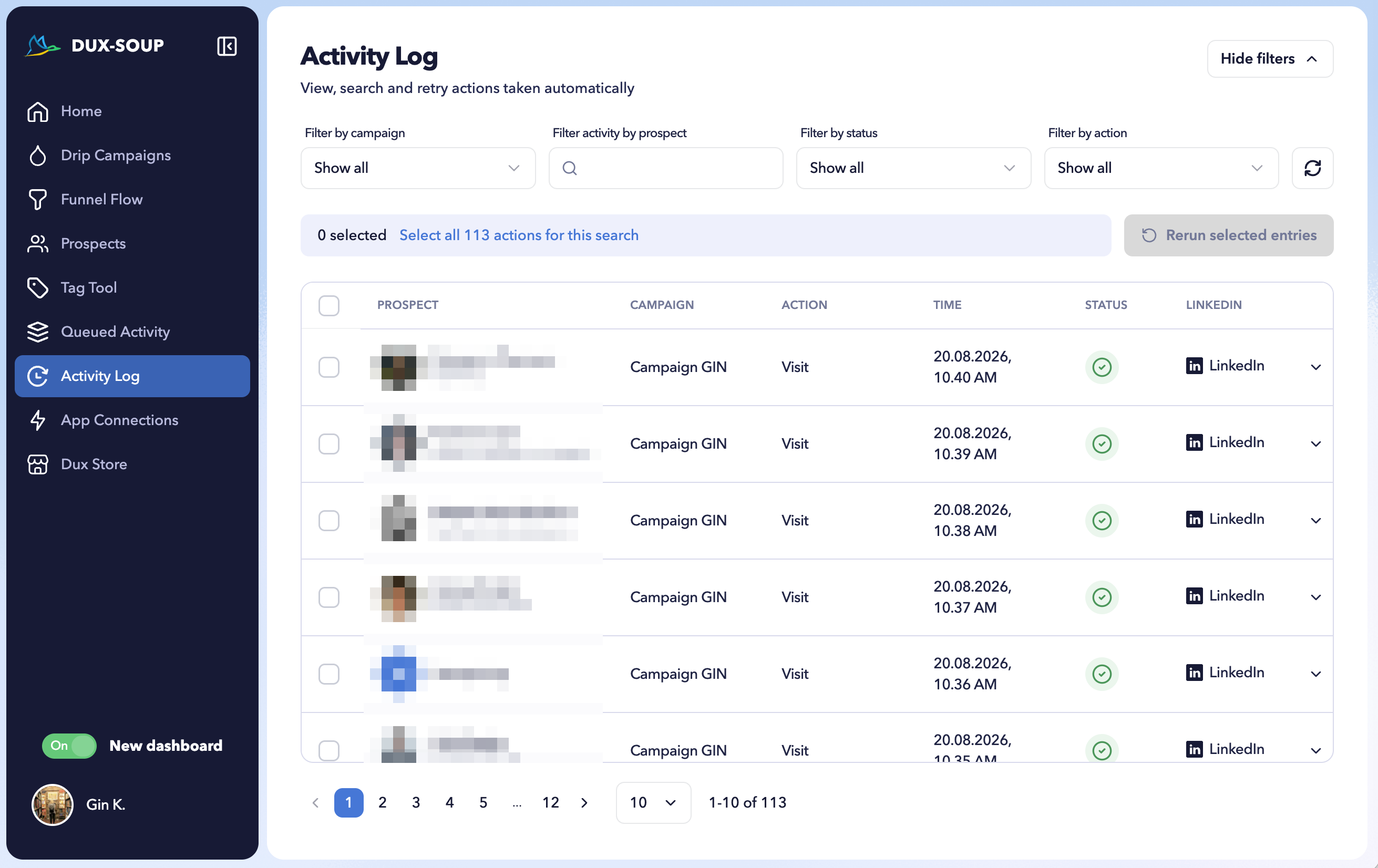 Check finished actions in the Activity Log section