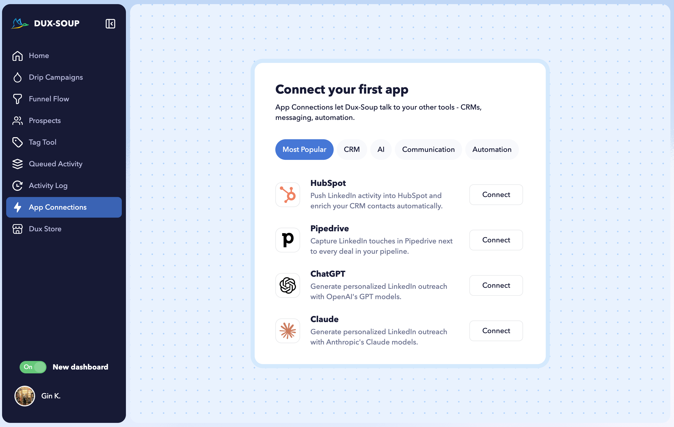 Connect Dux-Soup to the supported CRM in CRM Connections section