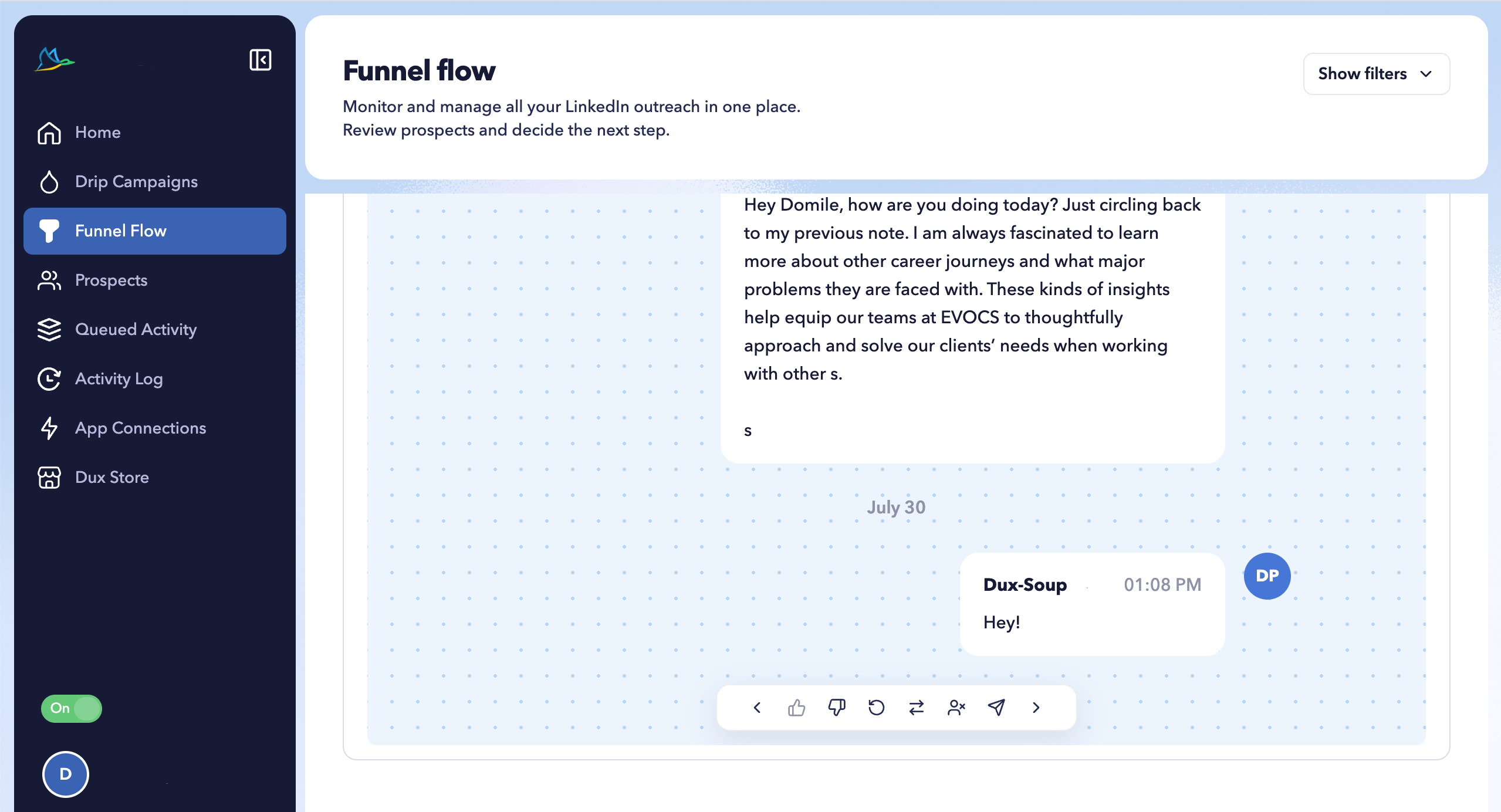 STACKED Funnel Flow page showing individual campaign prospect conversations and responses, used to manage messaging activity within a campaign funnel.