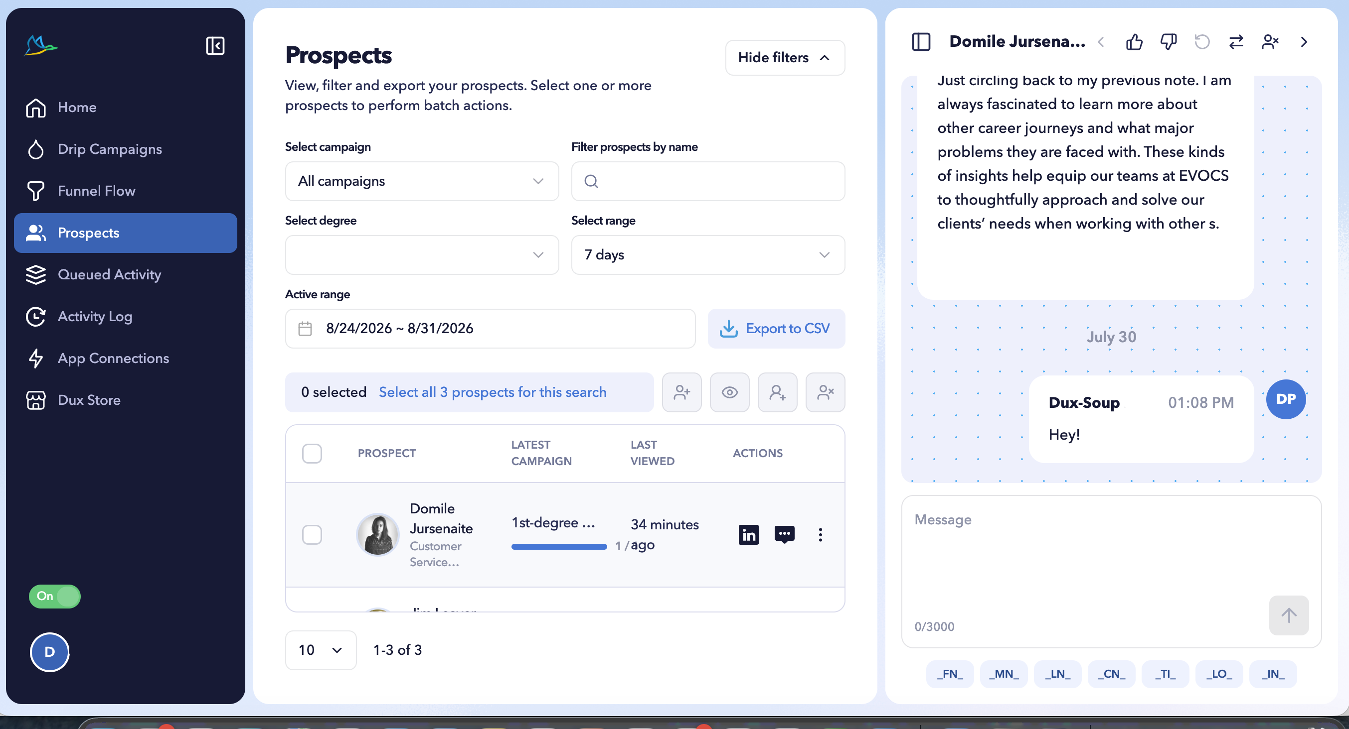 STACKED Prospects page showing a complete list of recorded prospects across campaigns, with options to filter prospects, export data to CSV, and perform batch actions.