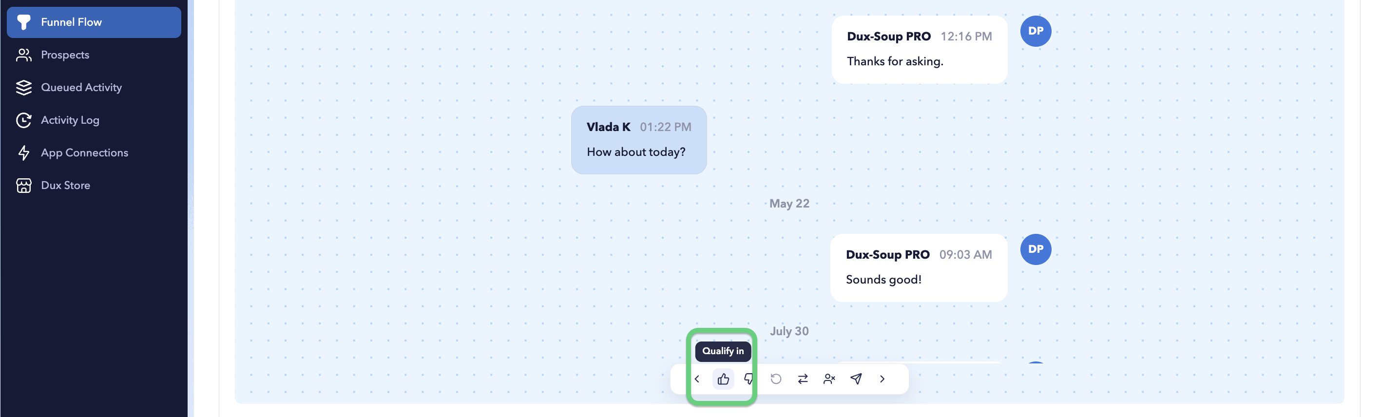 STACKED Funnel Flow page showing the Qualify In button for marking a prospect as qualified after a positive response or campaign goal is reached.