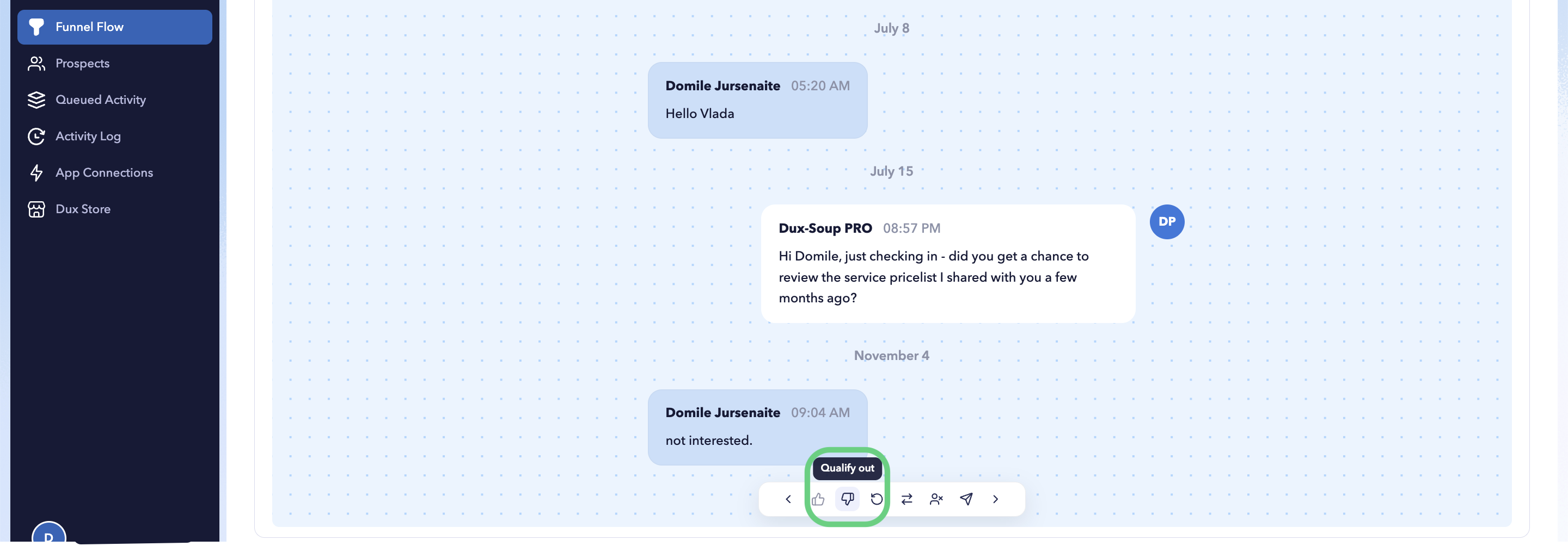 STACKED Funnel Flow page showing the Qualify Out button for removing a prospect who is no longer suitable for the campaign.