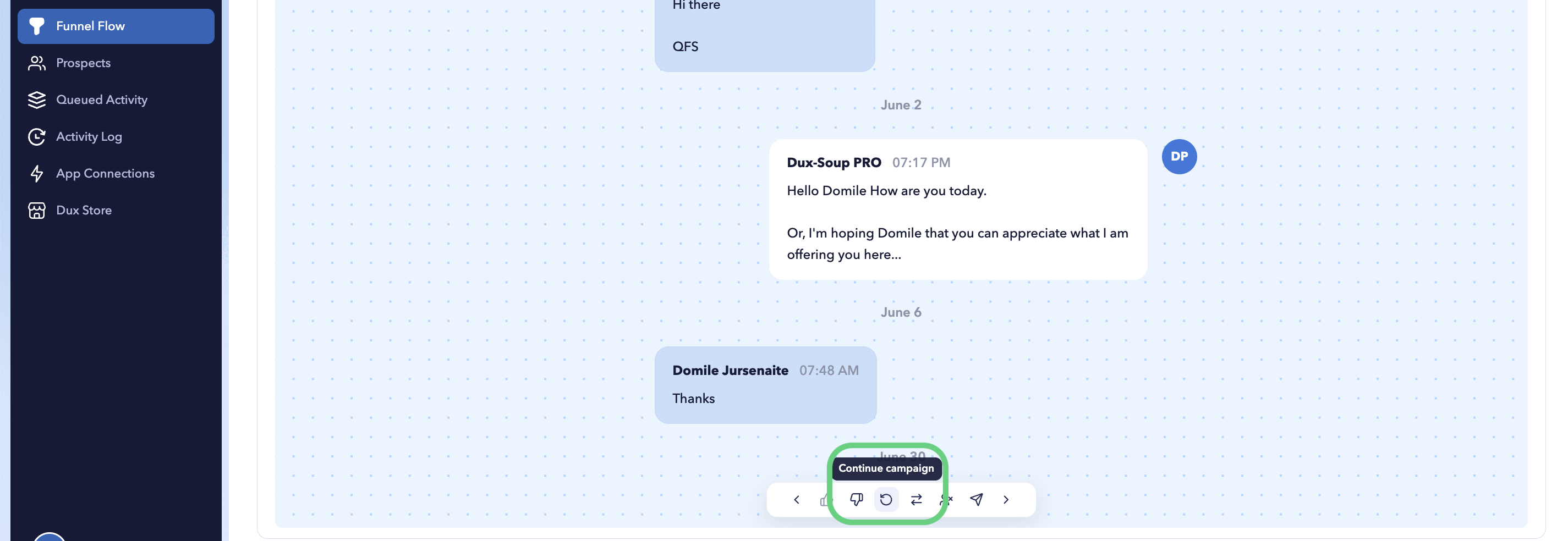 STACKED Funnel Flow page showing the Continue button for resuming an automated campaign sequence after a prospect has replied.