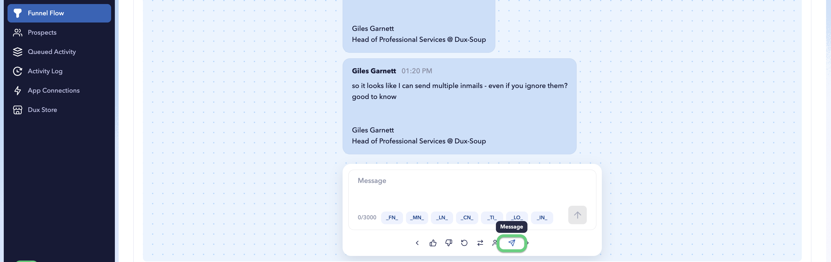 Message action opening a LinkedIn conversation for manual follow-up.