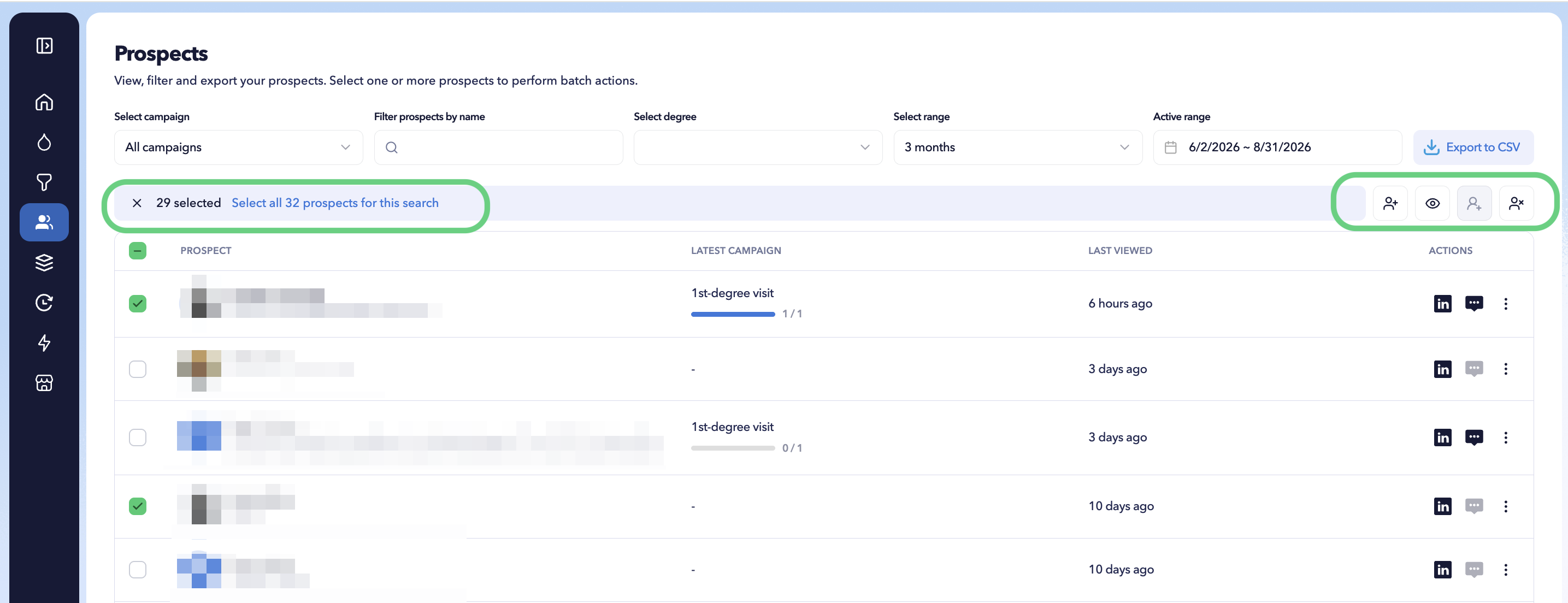 STACKED Prospects page showing bulk actions for selecting multiple prospects to enrol, unenrol, visit profiles, or send connection requests.