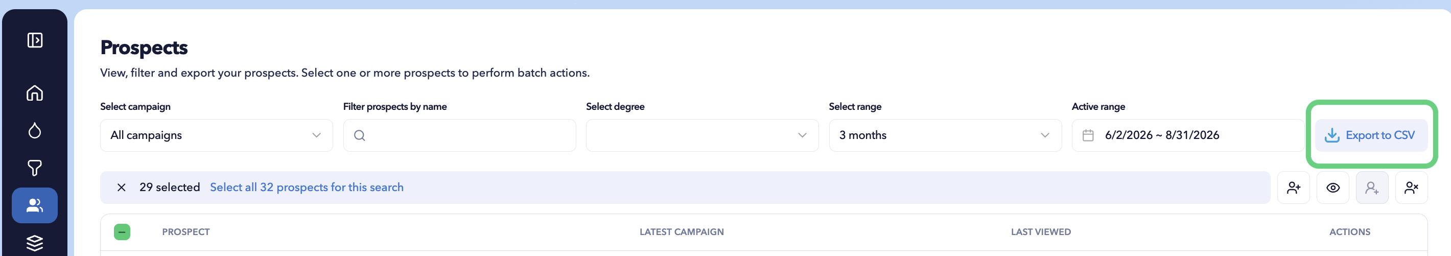 STACKED Prospects page showing prospect filters and the Export to CSV button for downloading filtered prospect data for reporting or analysis.