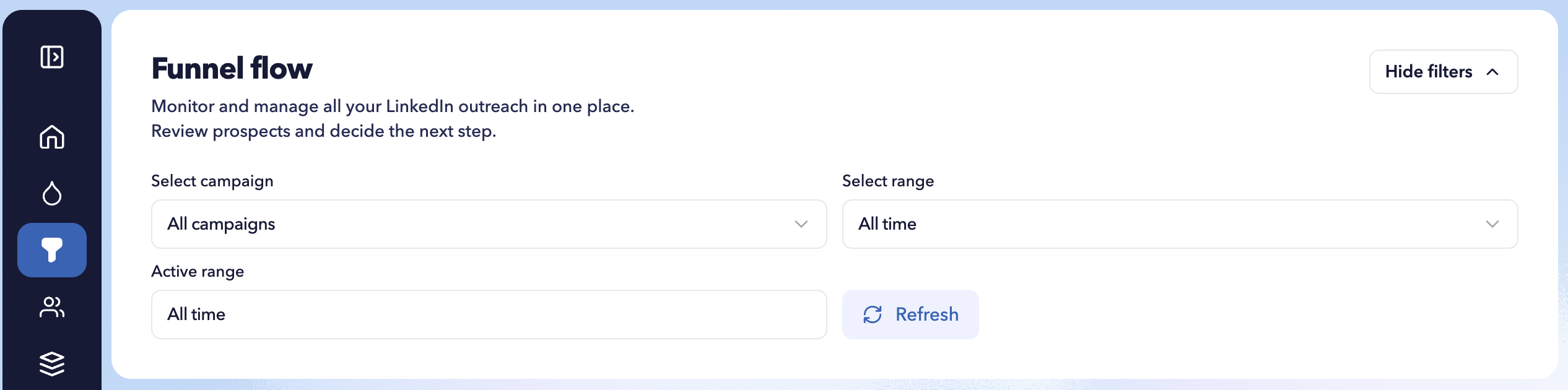 STACKED Funnel Flow filters panel showing options to select a specific drip campaign or all campaigns and choose the reporting period.