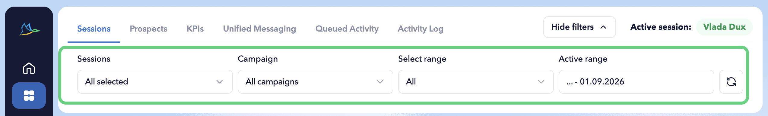 STACKED Admin Dashboard Filters panel showing options to select one, multiple, or all LinkedIn sessions, filter by campaign, and choose a reporting period.