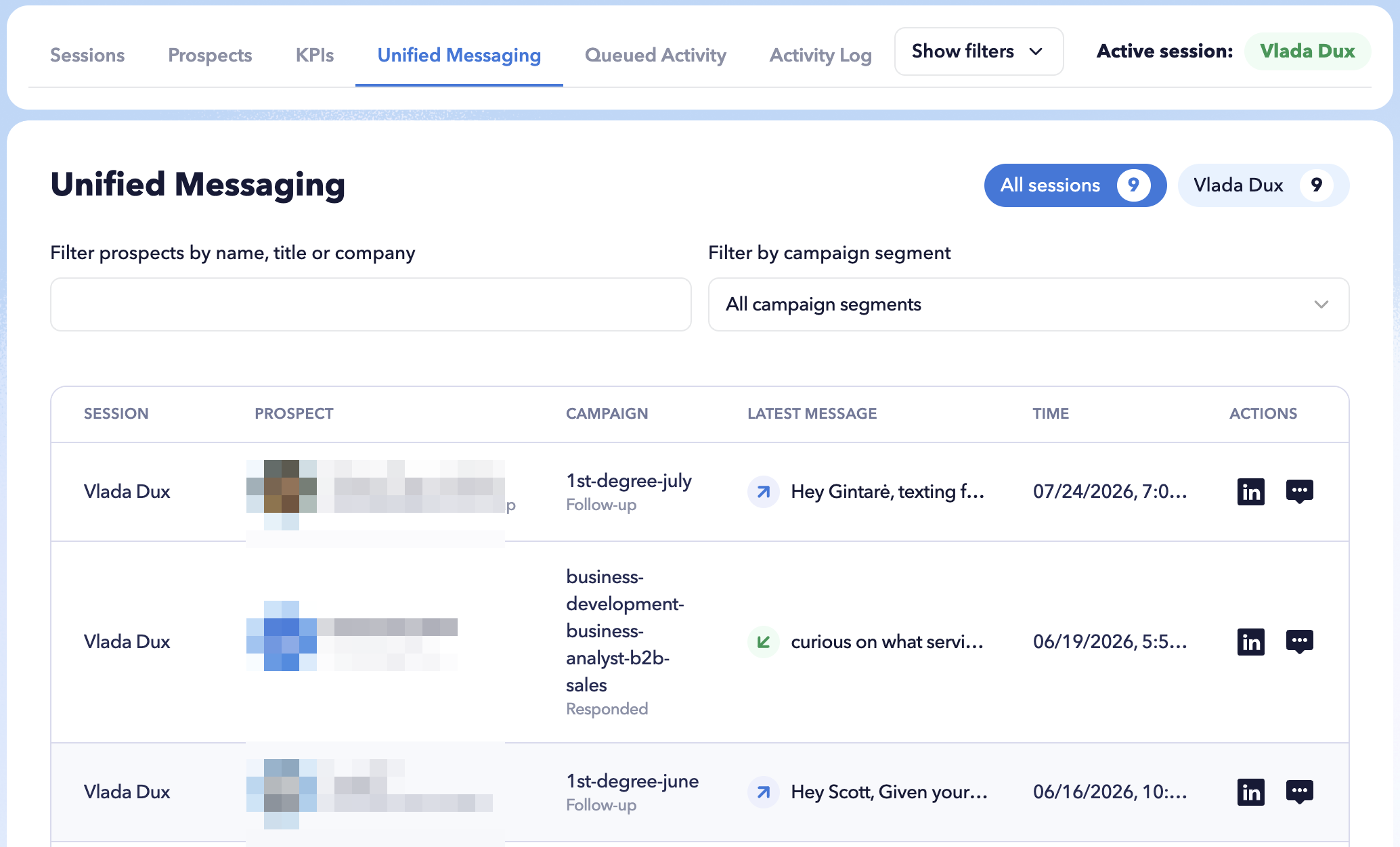 STACKED Admin Dashboard Unified Messaging tab showing LinkedIn conversations across sessions with prospect, campaign, latest message, time, and action details.