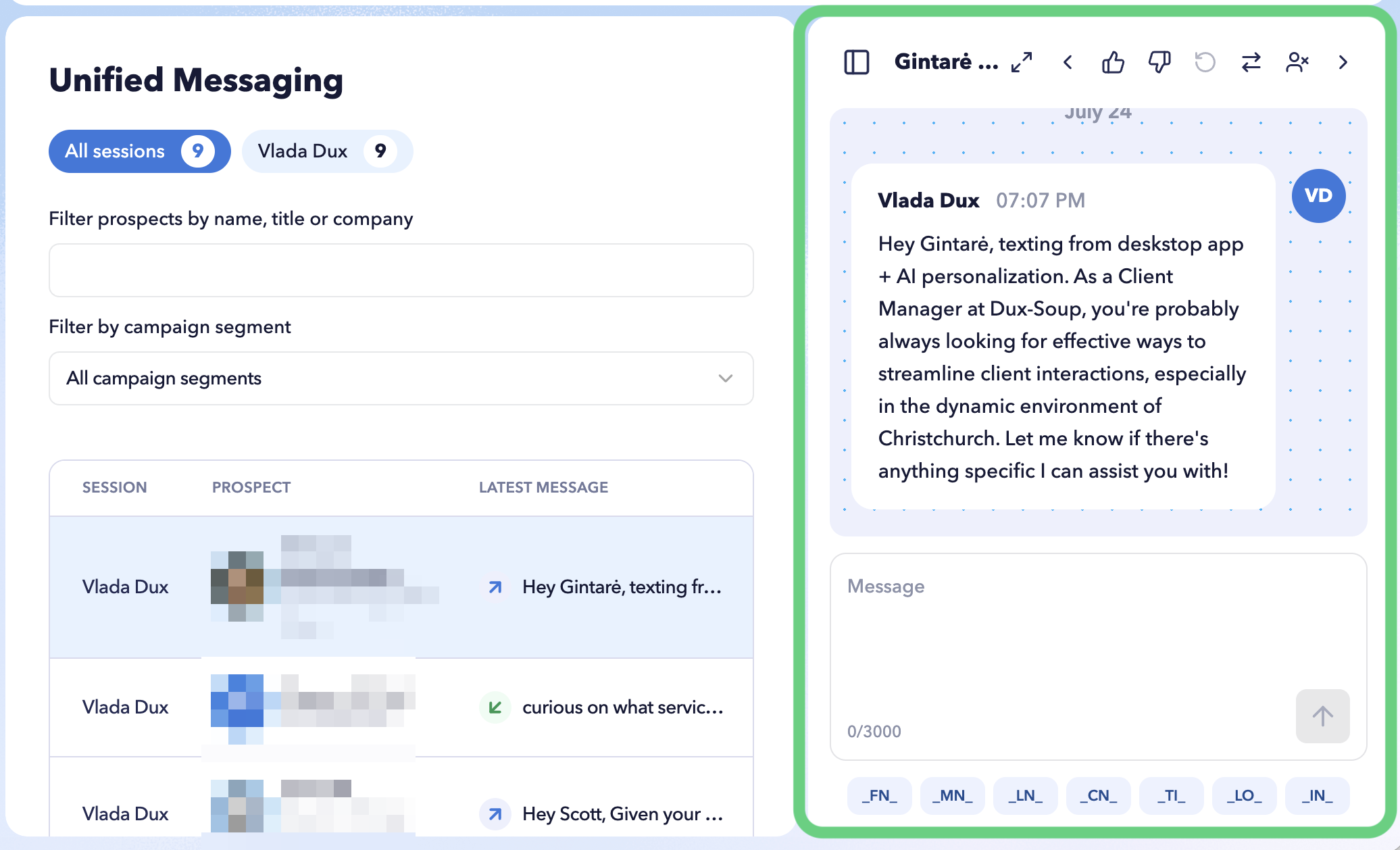 STACKED Unified Messaging showing a LinkedIn prospect conversation and sending a manual reply option from the Admin Dashboard.