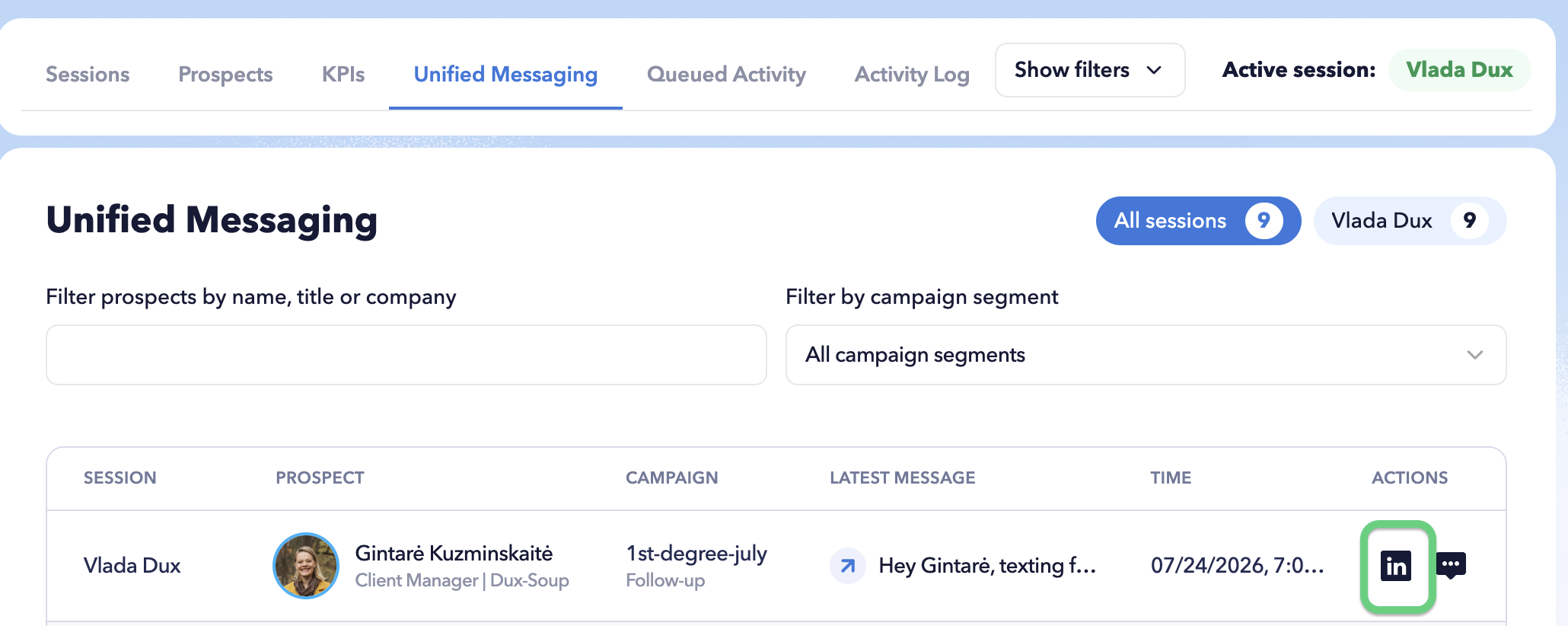 STACKED Unified Messaging showing the LinkedIn icon used to open a prospect's LinkedIn profile from the Admin Dashboard.