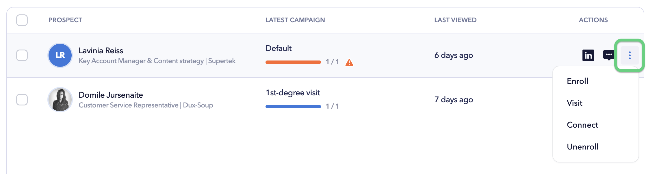 STACKED Prospects page showing individual actions to enrol, unenrol, visit profiles, or send connection requests.
