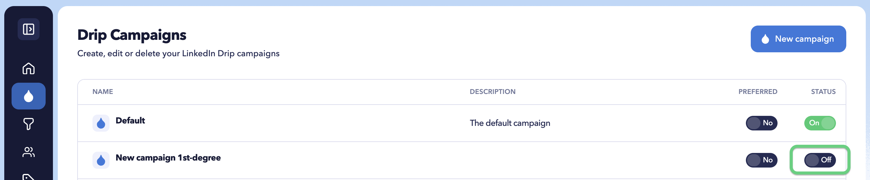 STACKED Drip Campaigns page showing Status toggles used to turn individual LinkedIn drip campaigns on or off.