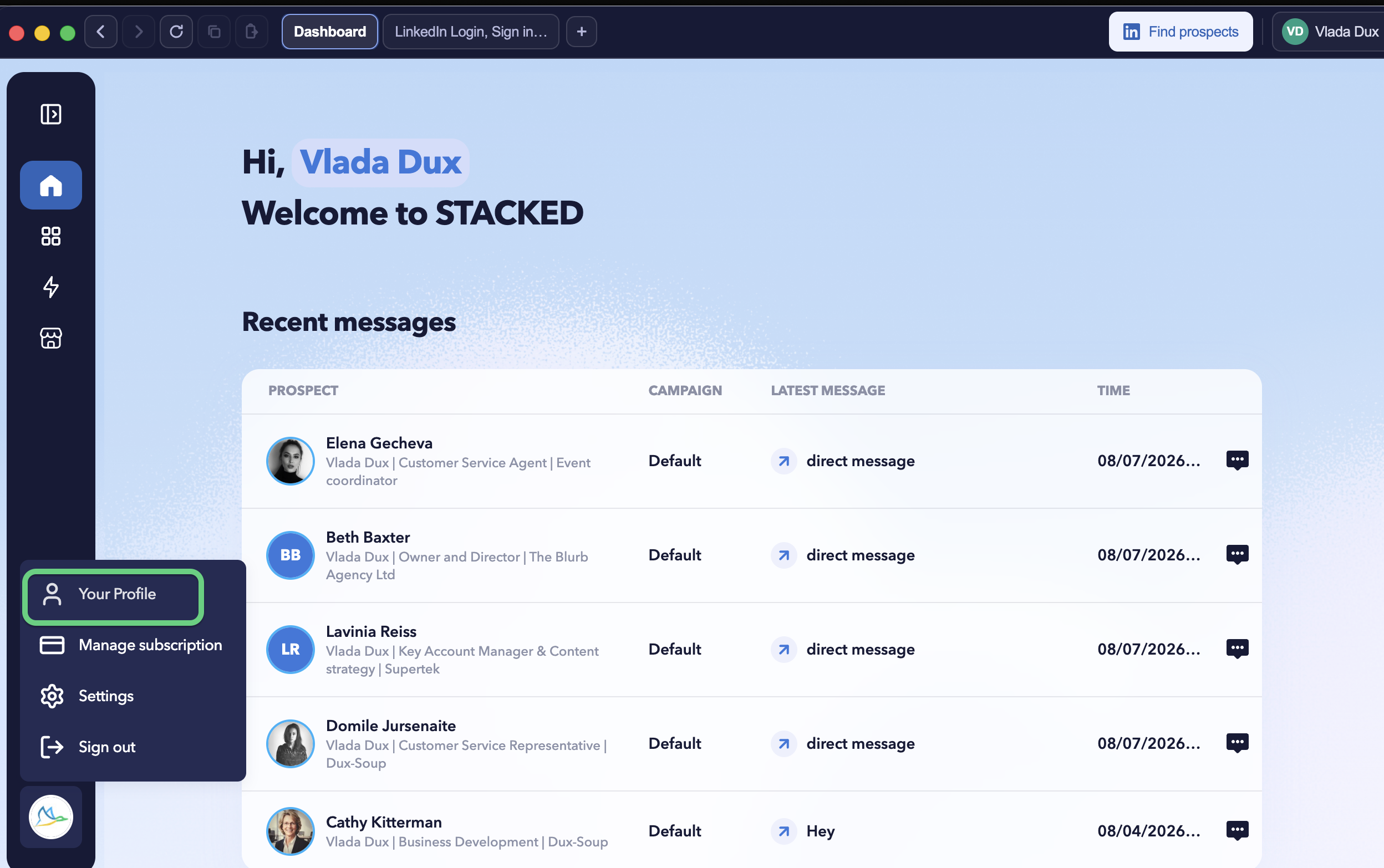 STACKED profile menu showing the Your Profile option used to view account information.