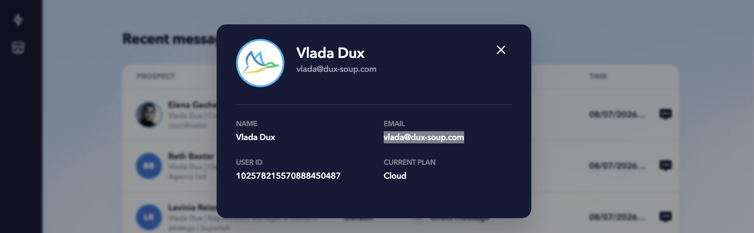 STACKED Your Profile window showing the email address, name, User ID, and current subscription plan associated with the account.