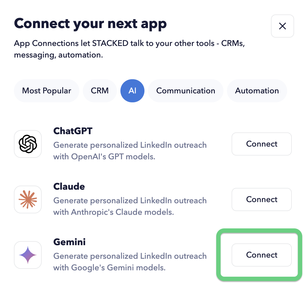 To install the Gemini connector, go to the Dashboard,&nbsp;App Connections page, click the +Add Connection button, and select Gemini