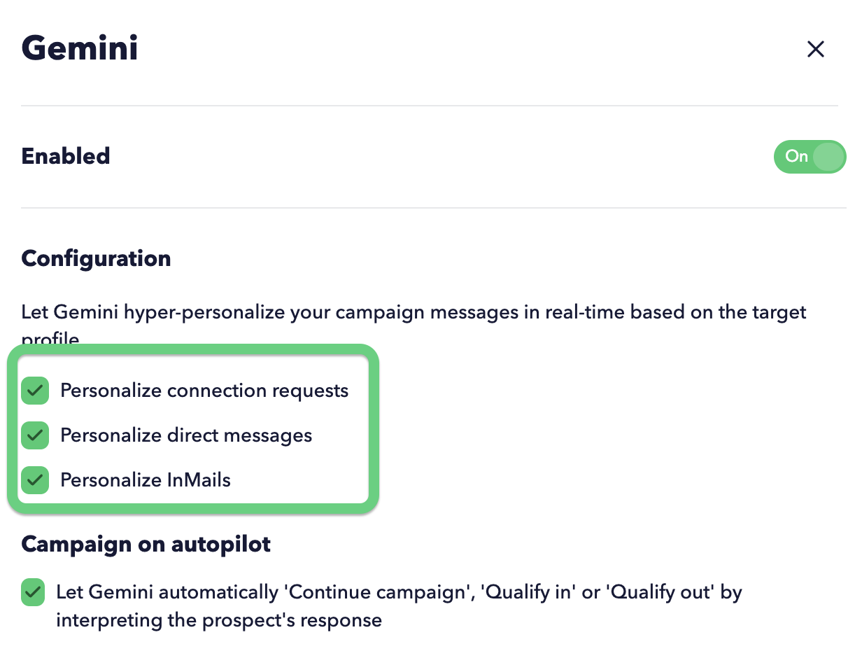 To personalize a specific action, you must enable the corresponding option in the STACKED Dashboard → App Connections. Gemini settings.