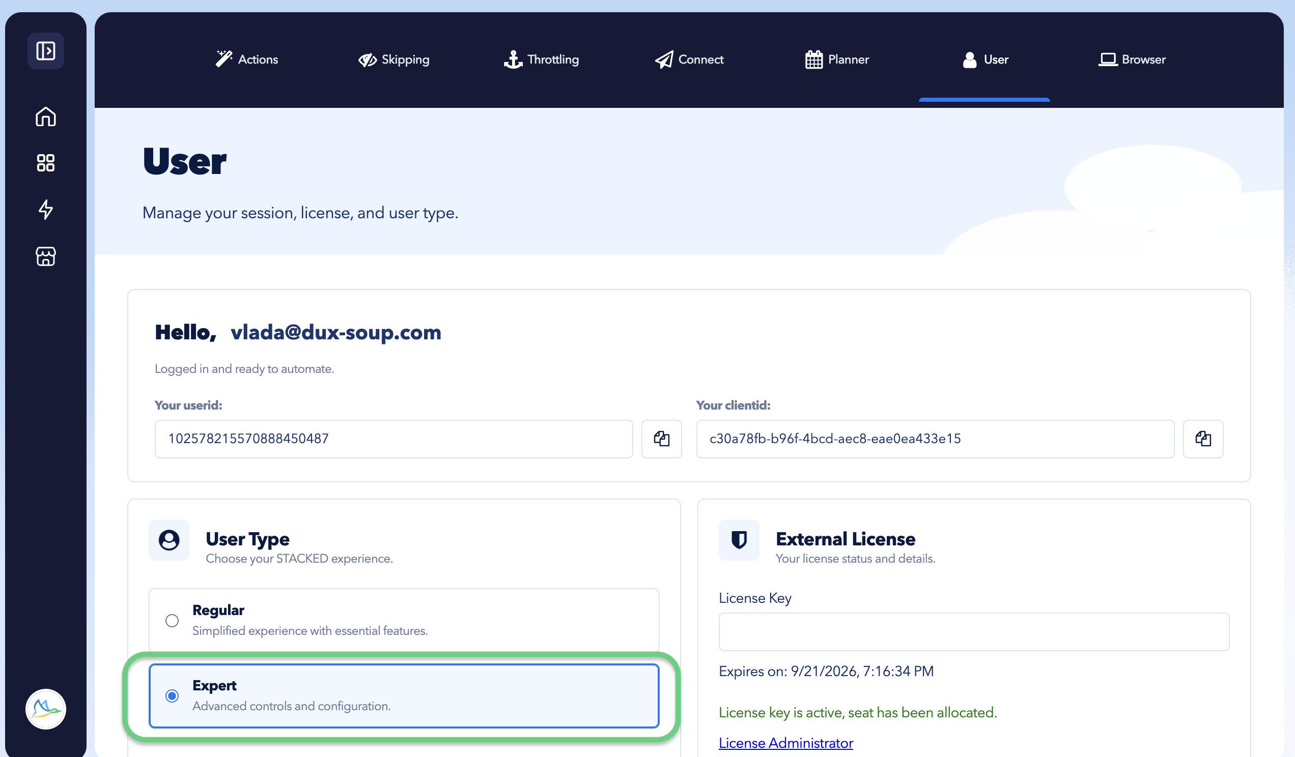 STACKED Settings User tab showing the Expert user type selected to enable advanced controls and configuration.