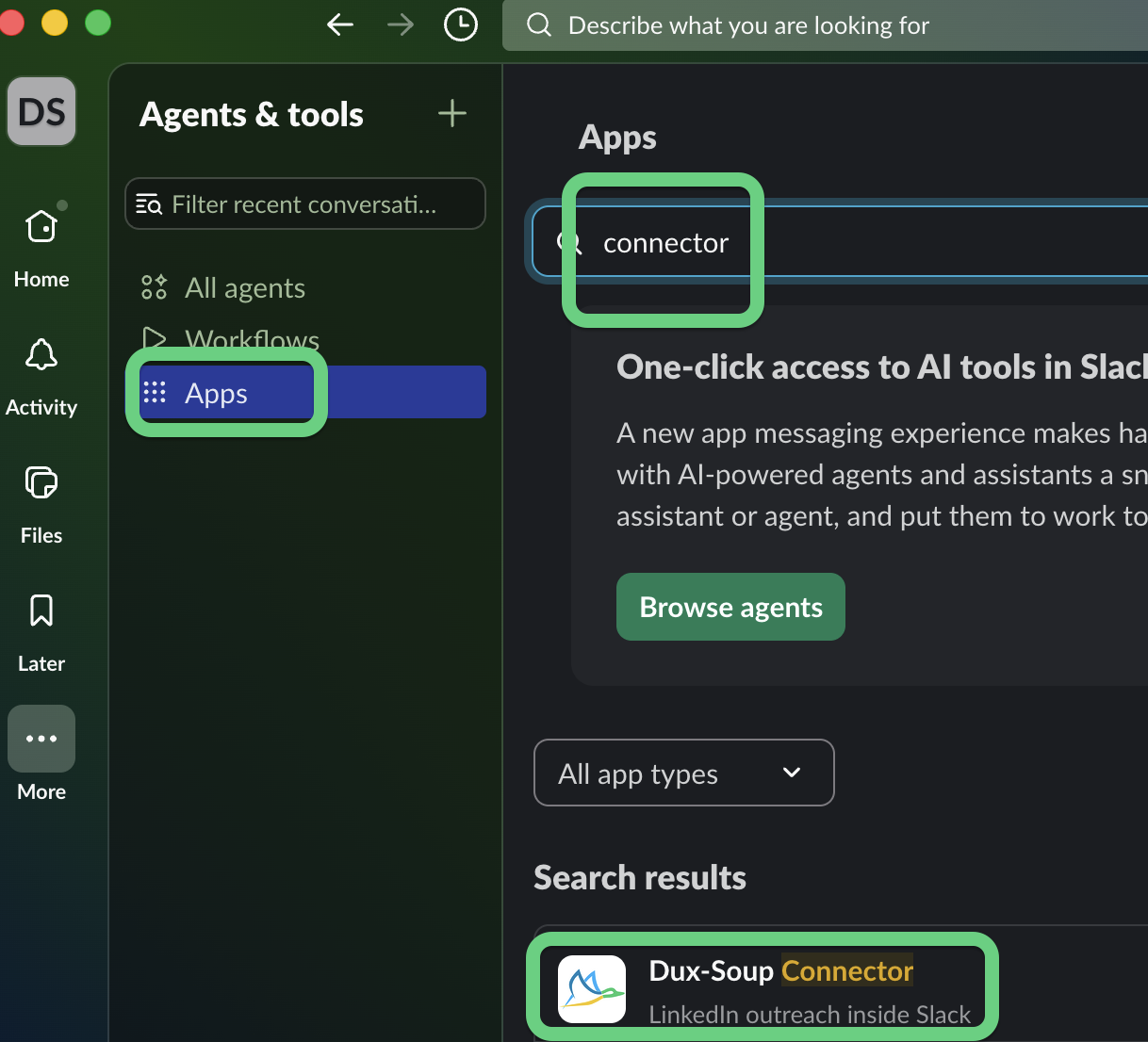 Add Dux-Soup connector via Slack