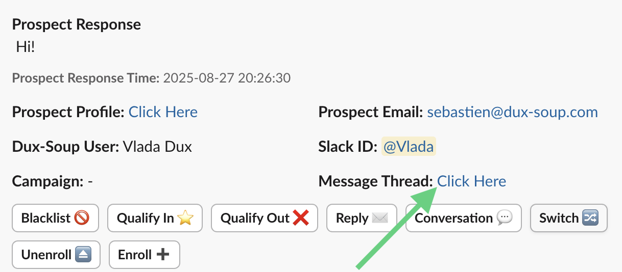 Open the message thread on LinkedIn via STACKED Slack integration