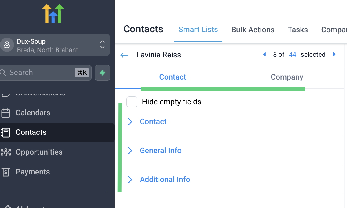 Contact and Company fields for STACKED HighLevel integration