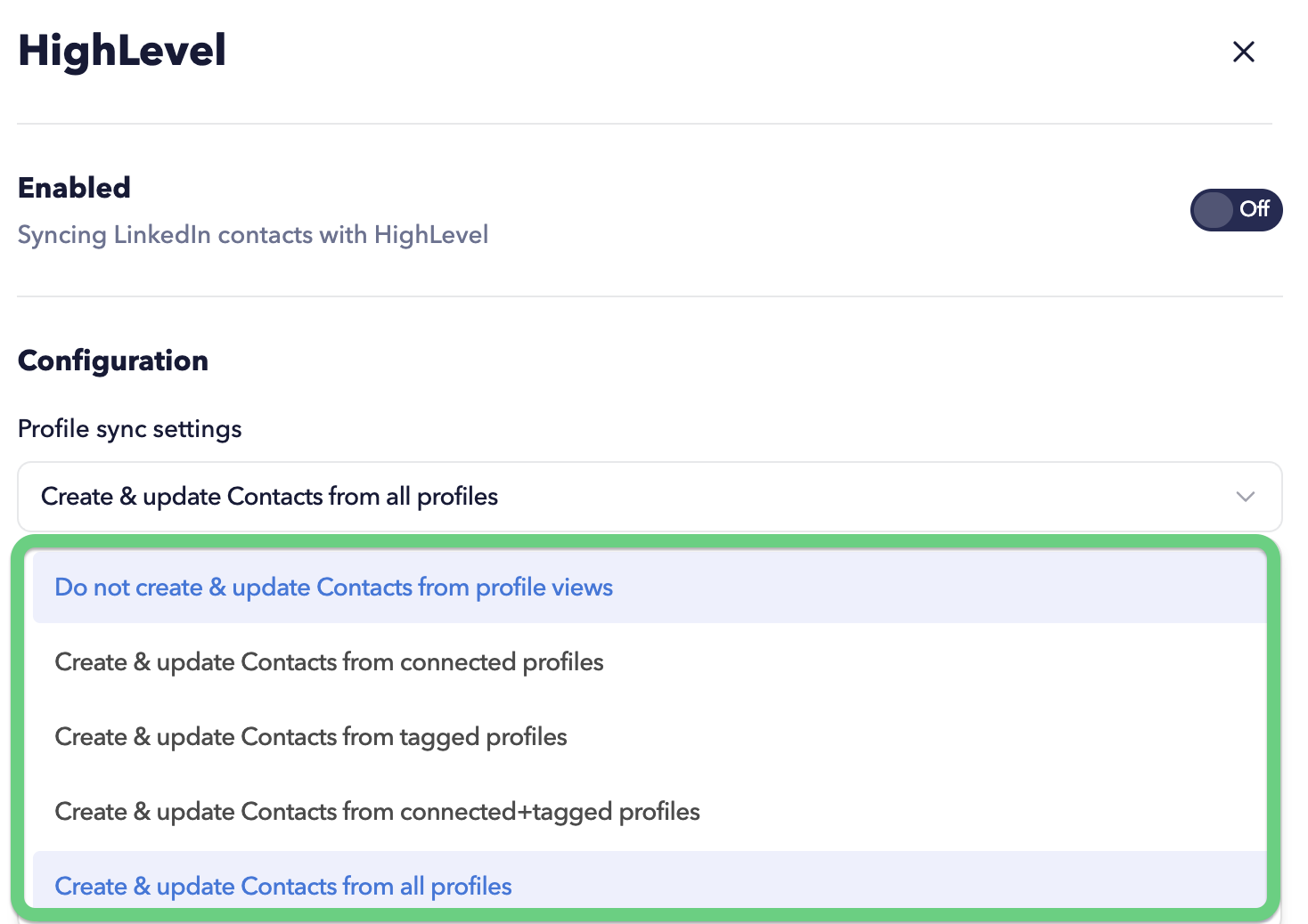 HighLevel connector settings for STACKED