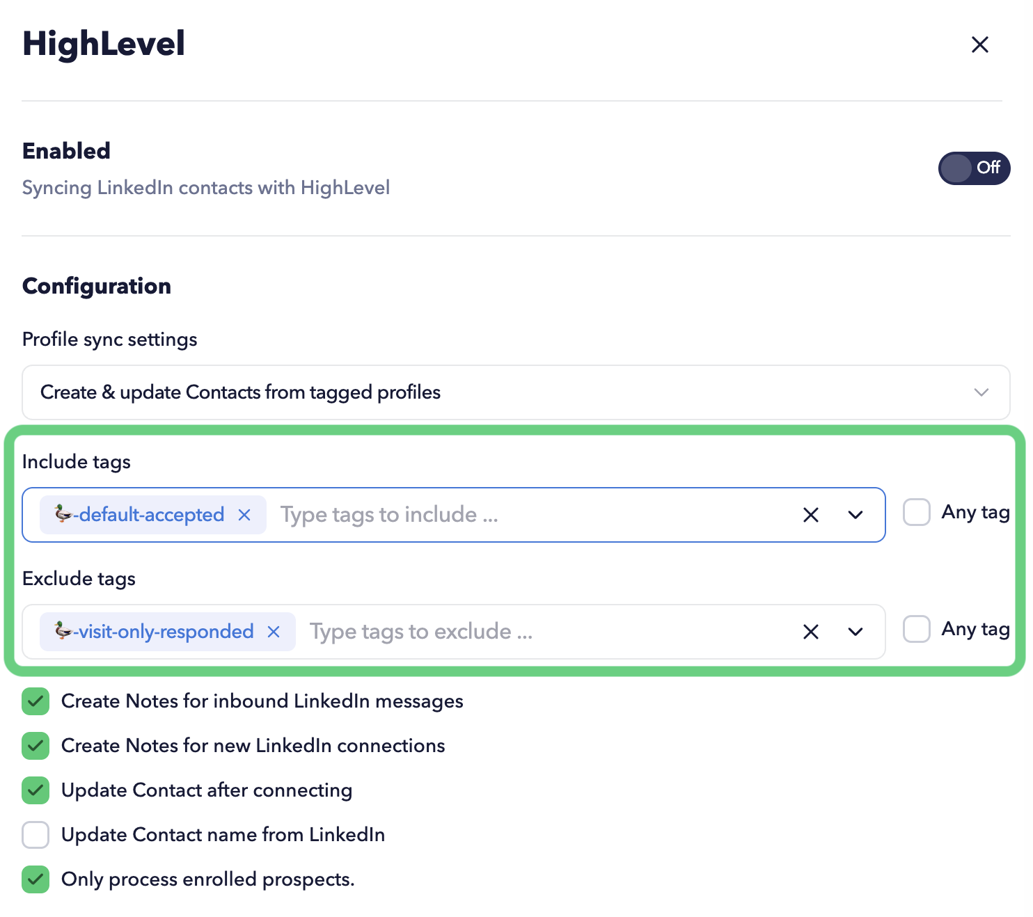 Create & update Contacts from tagged profiles for HighLevel STACKED connector