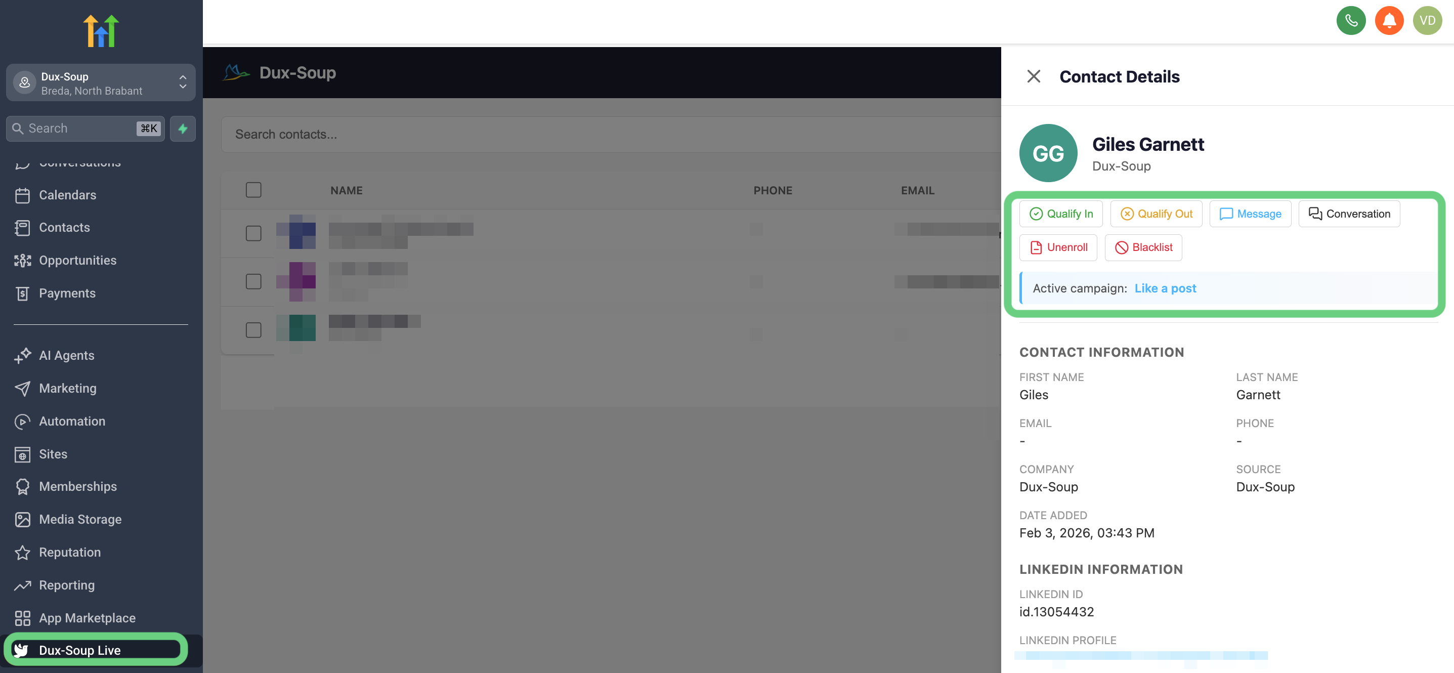 You can also view LinkedIn conversation history in HighLevel and blacklist profiles for future automation from the Dux-Soup Live Contact page.