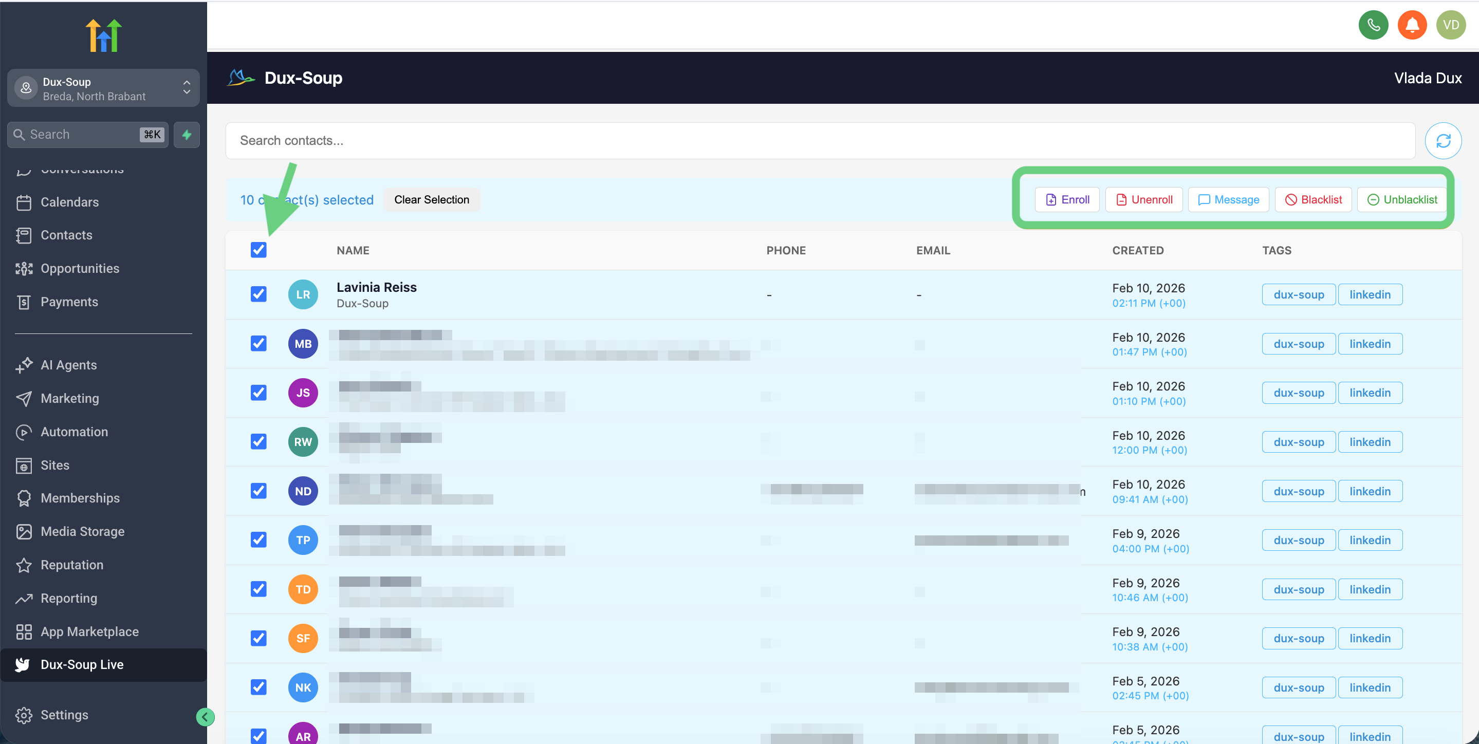 You can perform bulk actions via HighLevel STACKED integration by selecting multiple profiles and using STACKED connector..