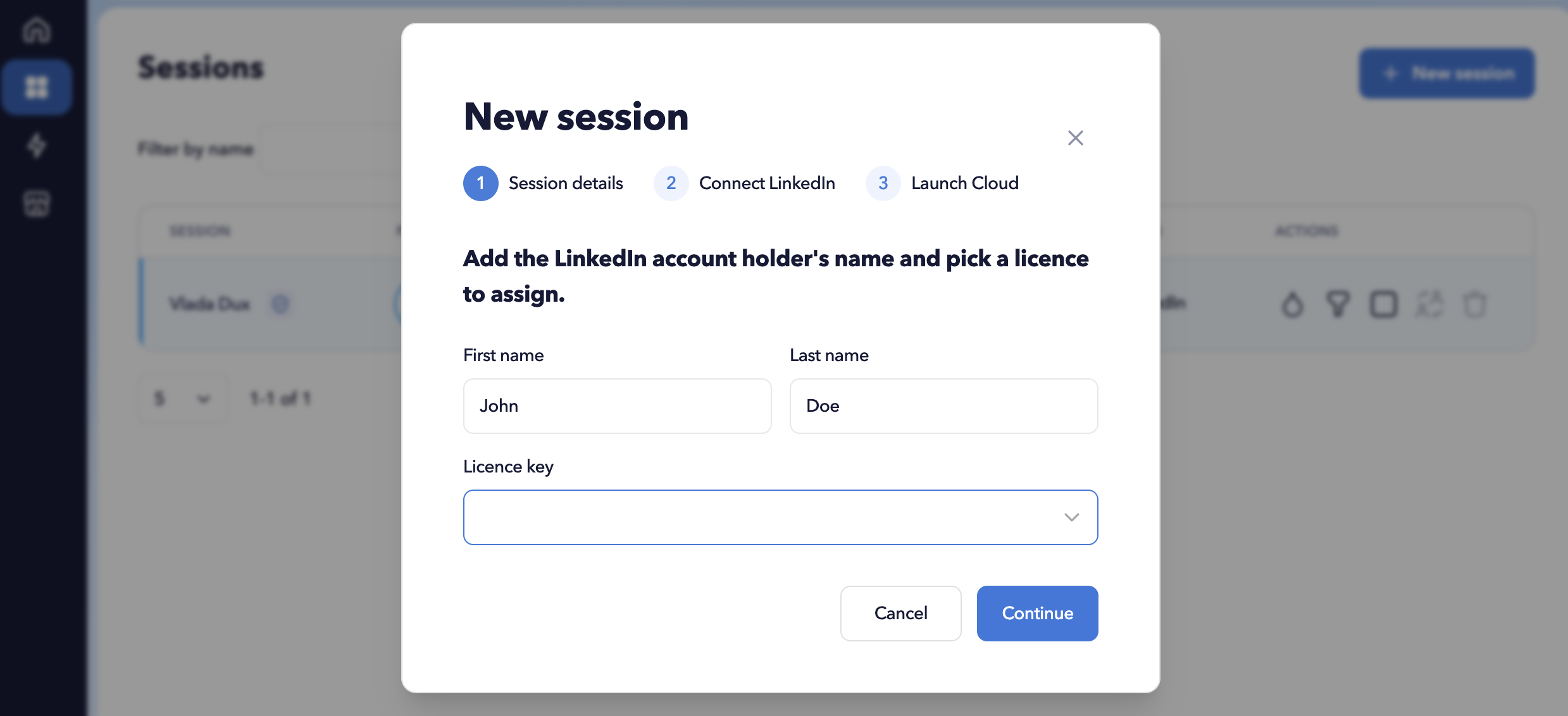 New session wizard showing client details and licence key fields