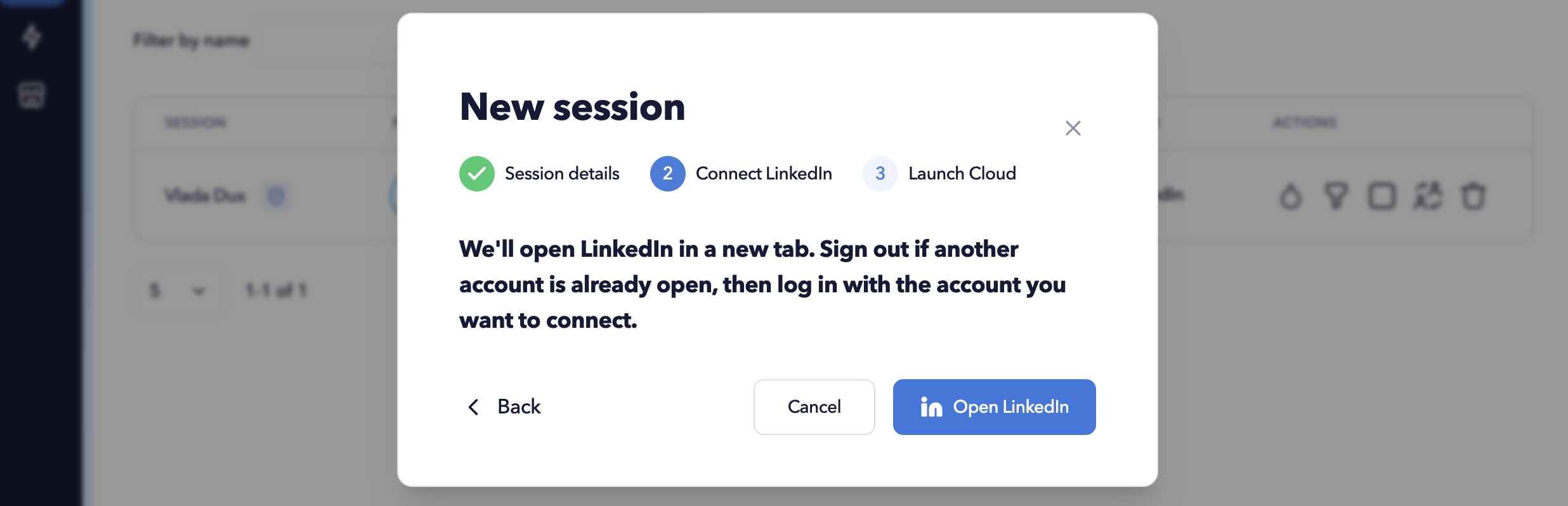 New session wizard showing client details and licence key fields