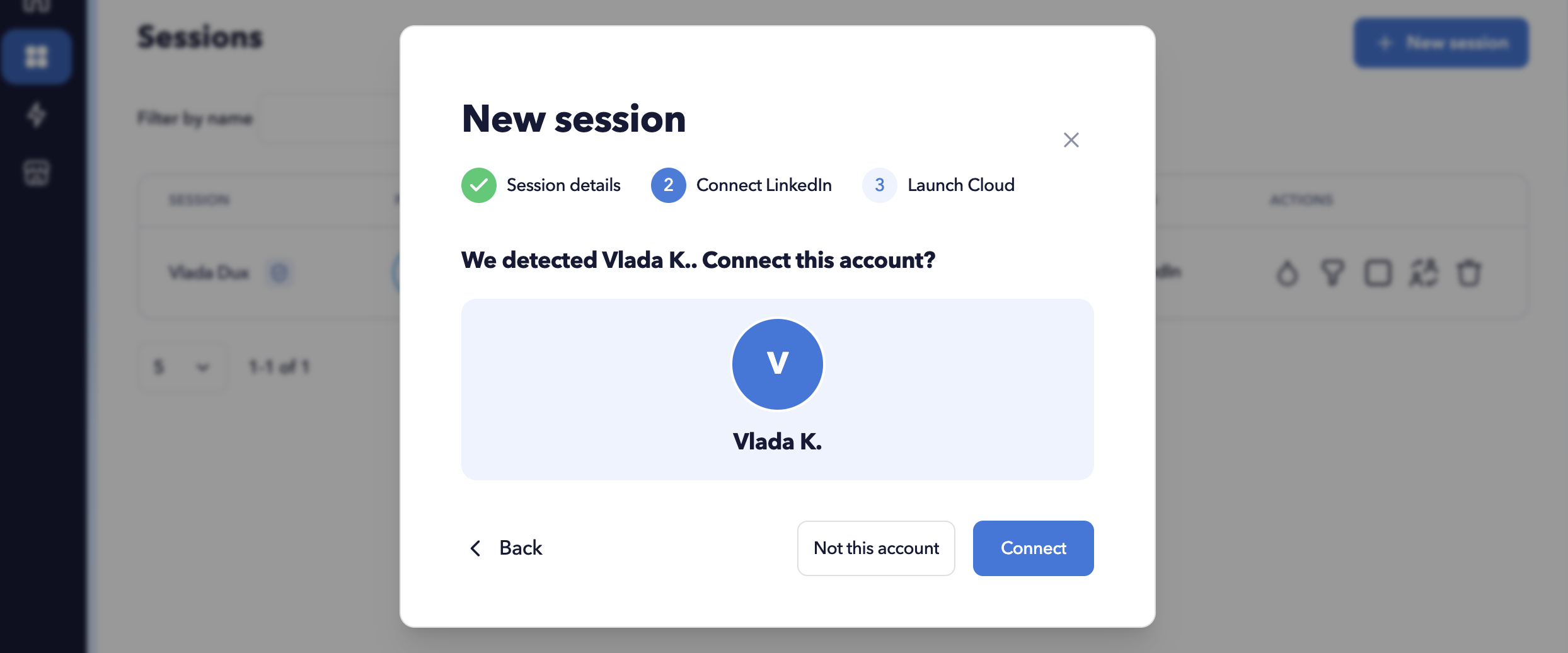     STACKED detecting the LinkedIn account to connect to the new session