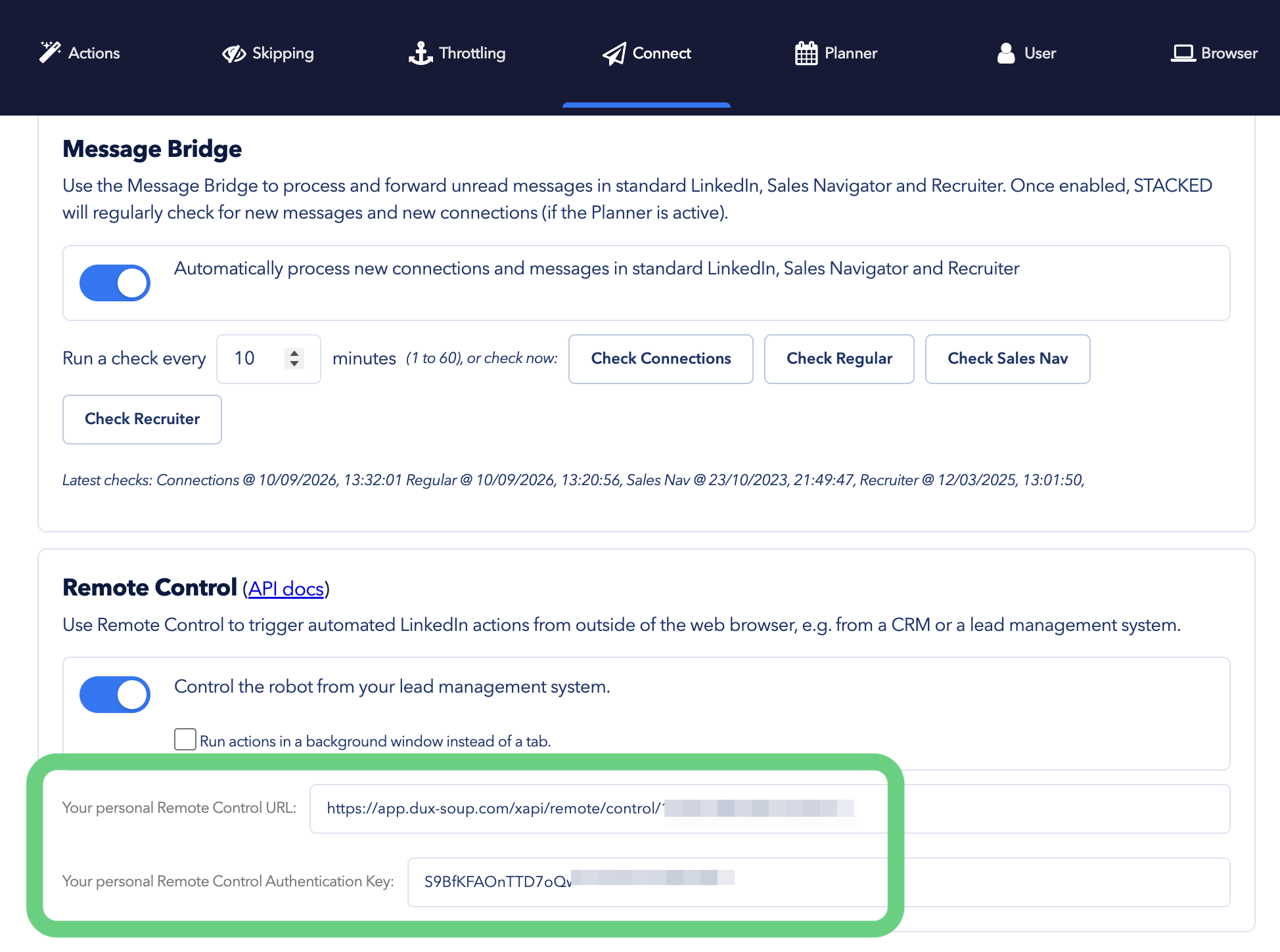 API details can be found in the STACKED app → Dashboard → Settings → Connect tab. Ensure they are correctly entered to enable the drip campaign drop-down