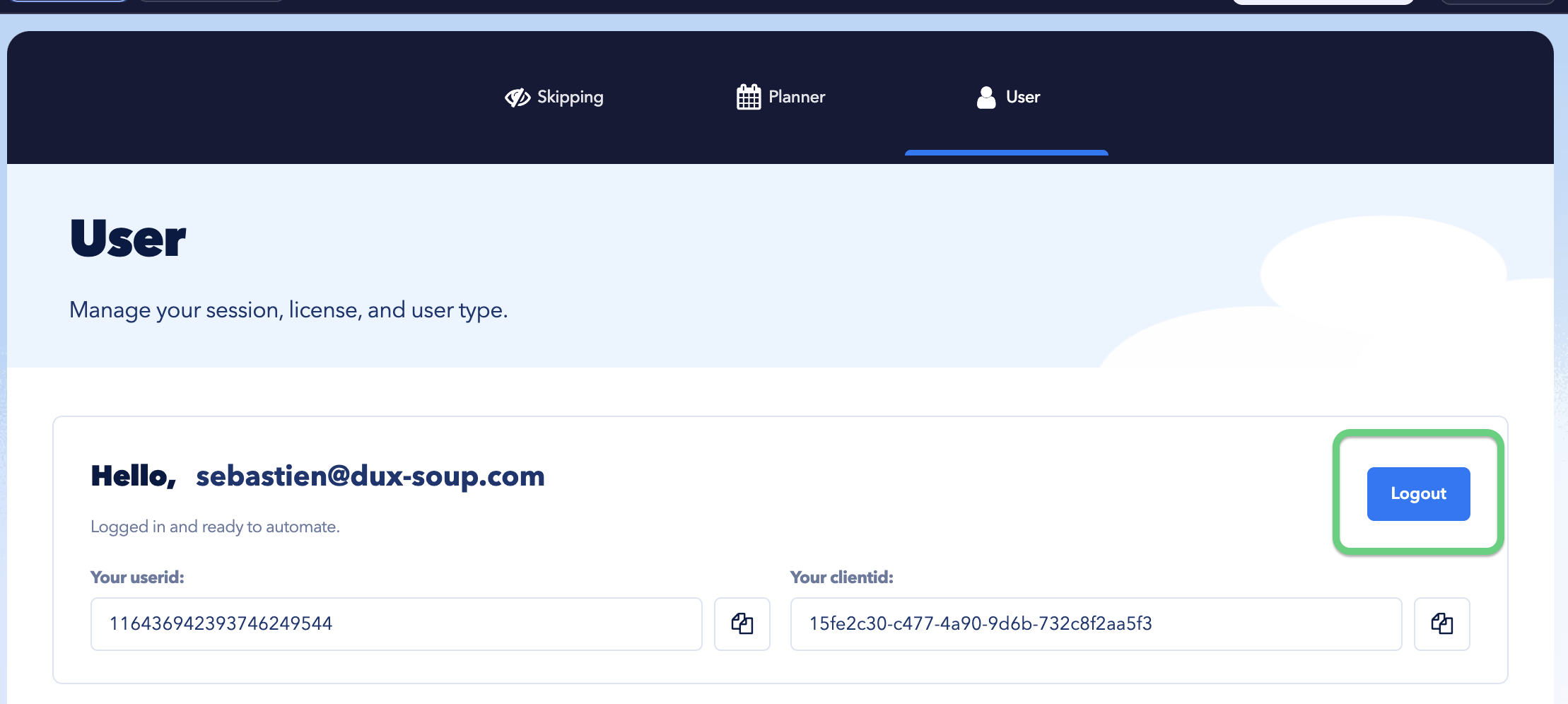 STACKED User settings showing the Logout button